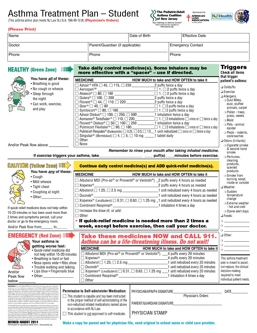 Asthma Action Plan Template Free Printable