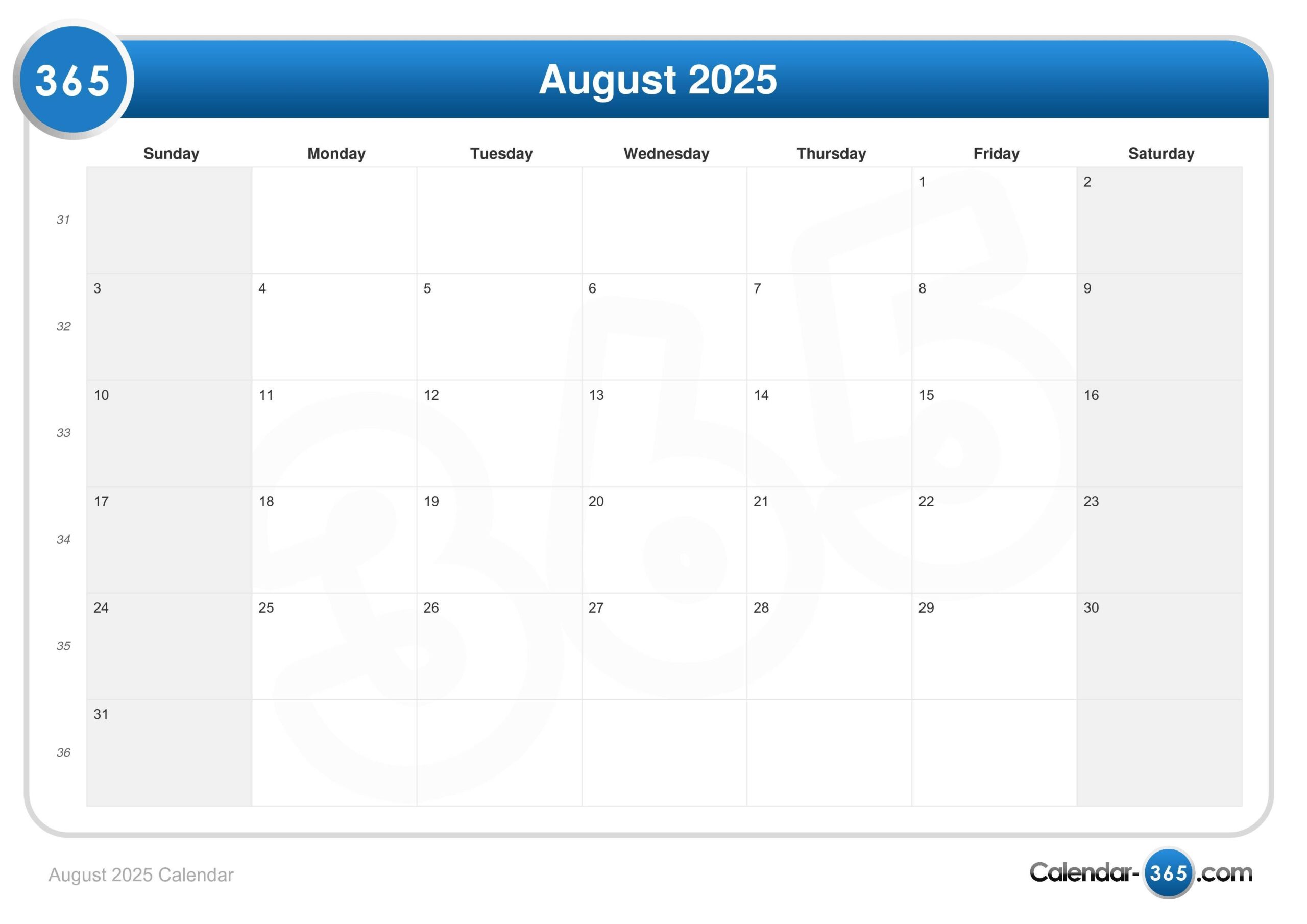 August 2025 Calendar