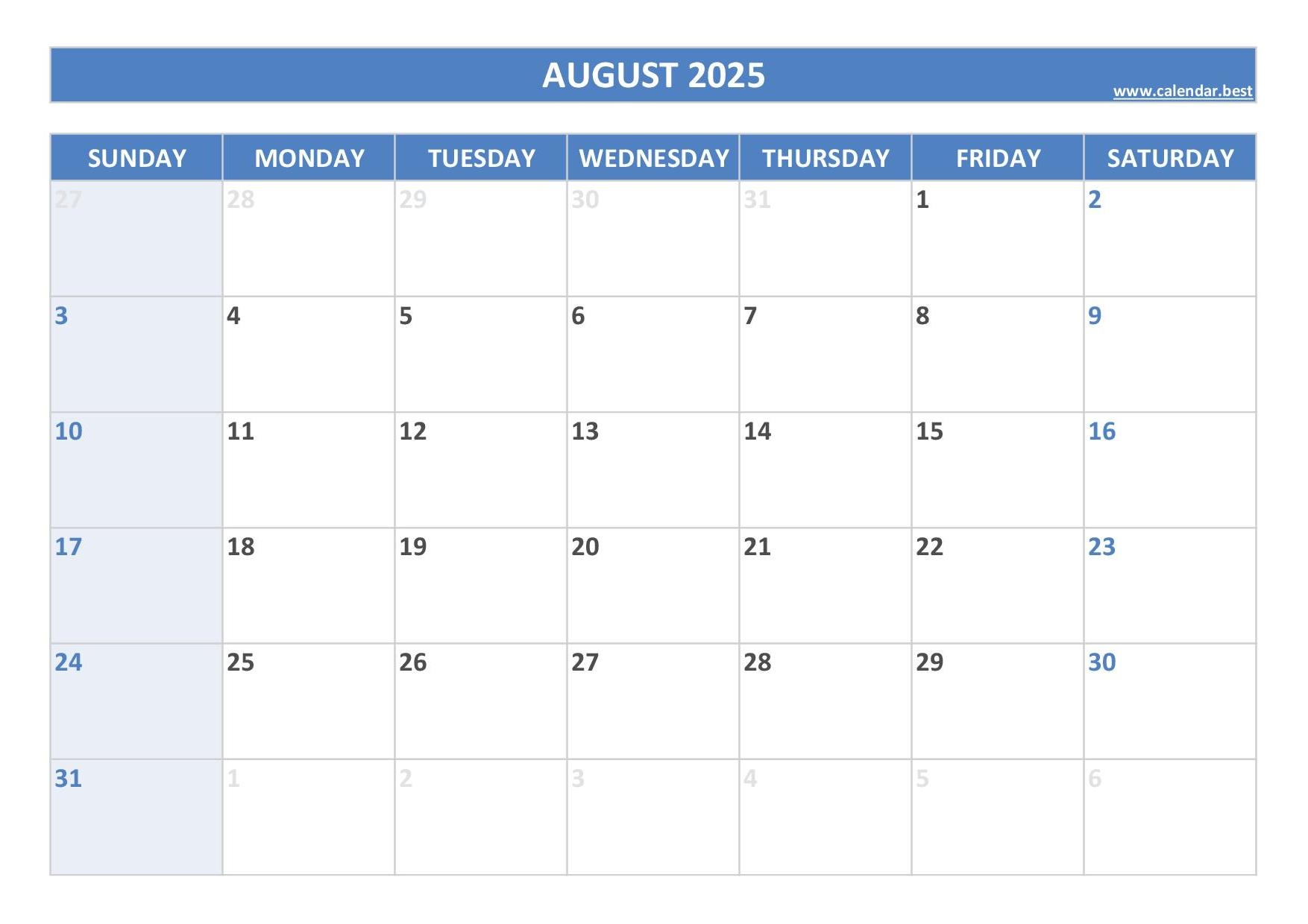 2025 August Calendar Free 2025 August Calendar Free