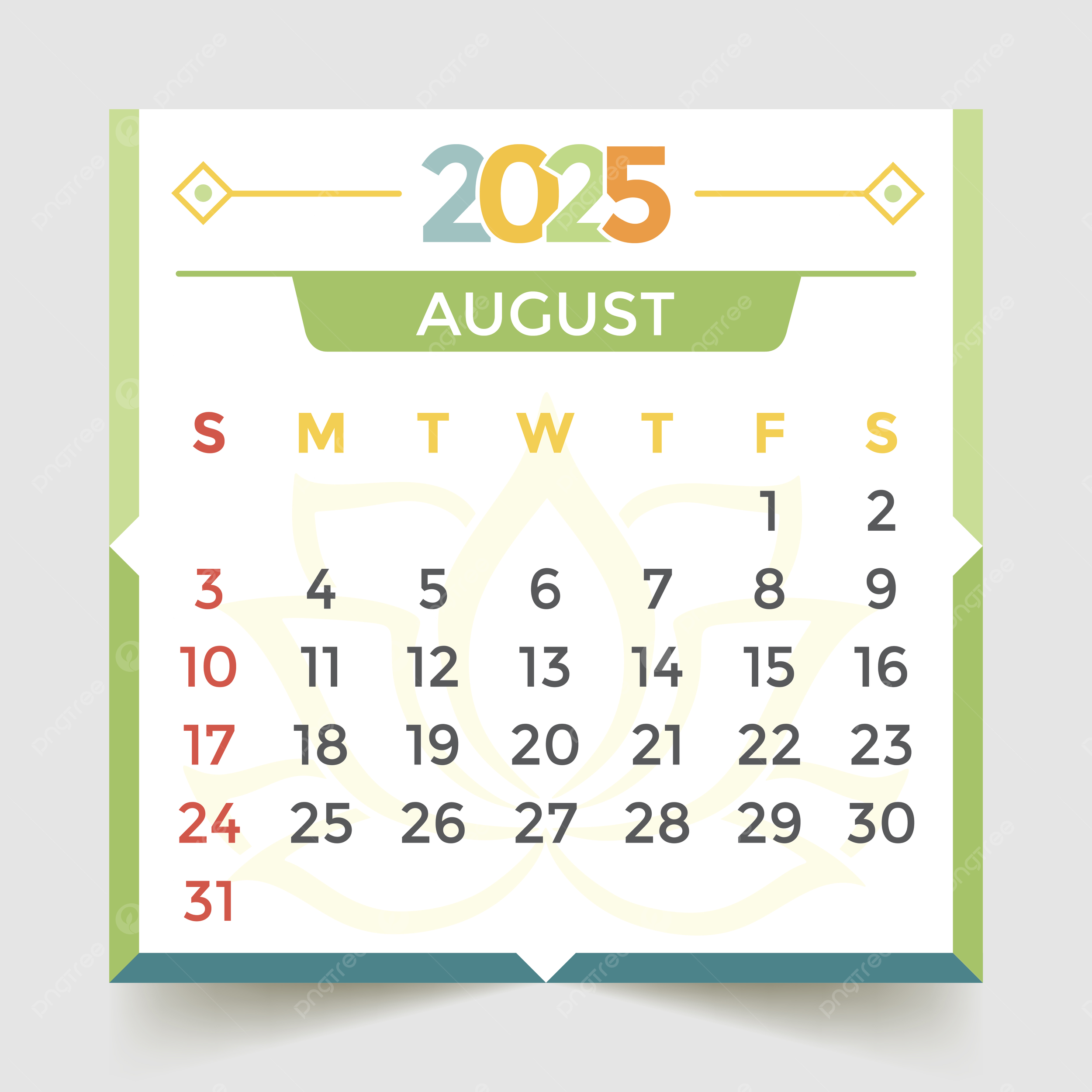 August 2025 Calendar Green Vector Template Download On Pngtree