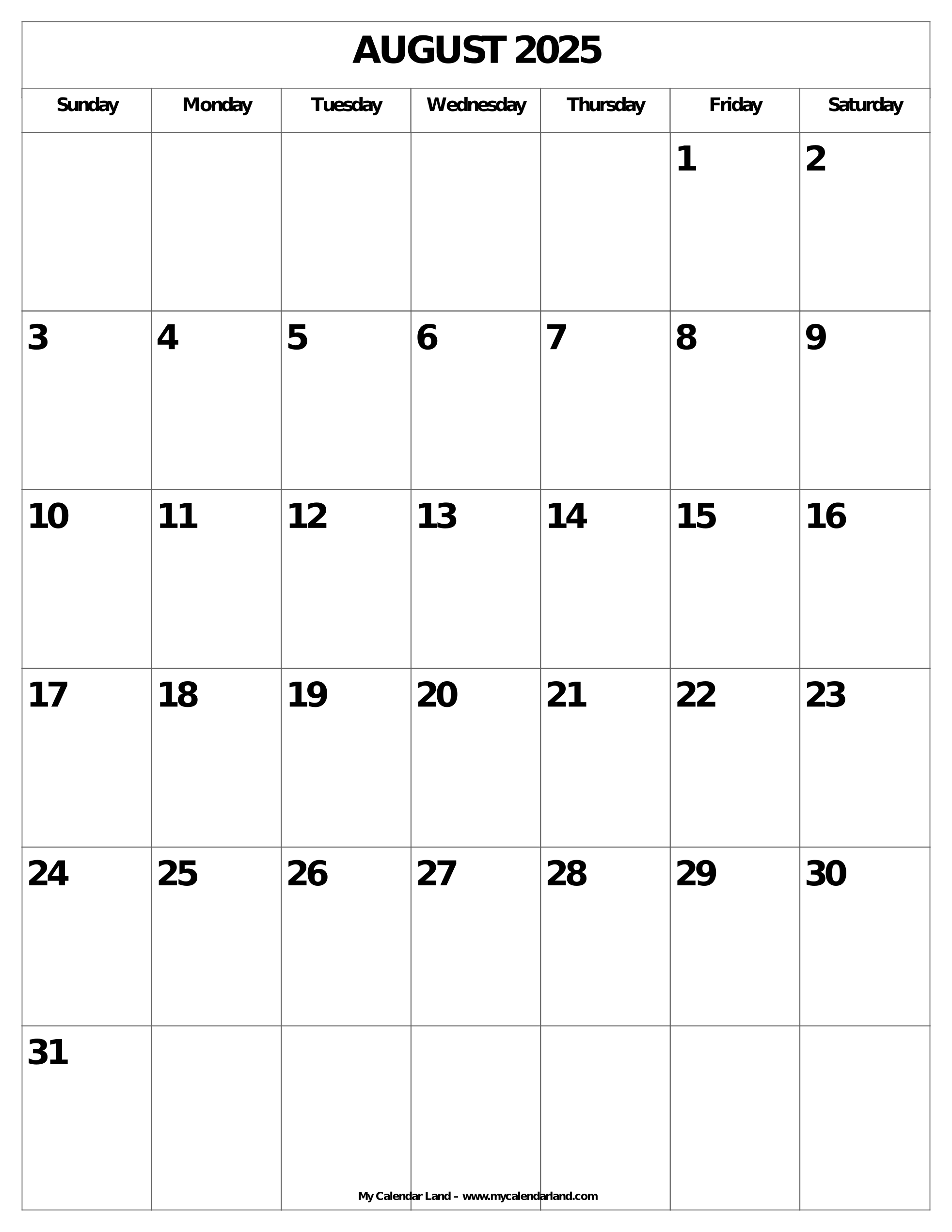 August 2025 Calendar My Calendar Land