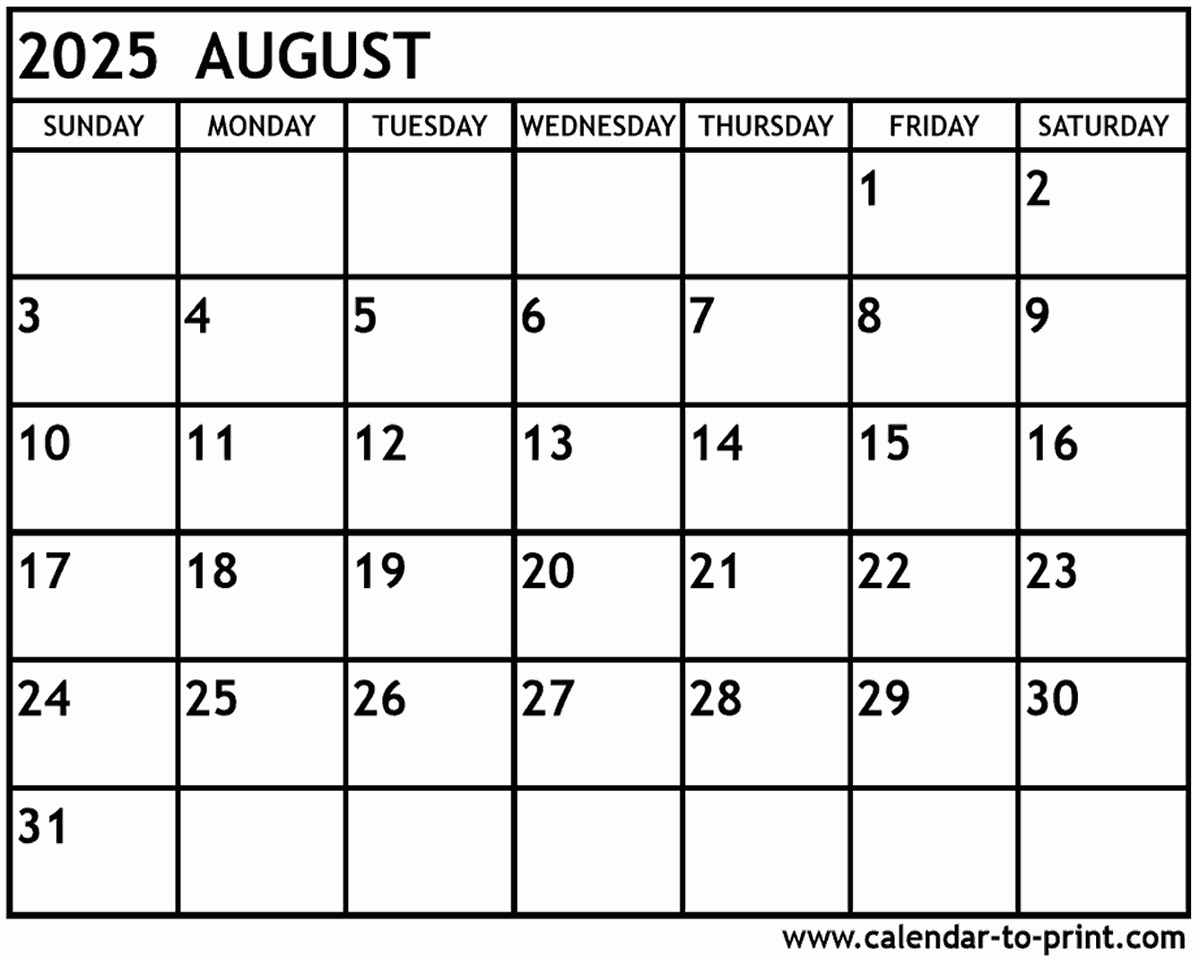 August 2025 Calendar Printable August 2025 Calendar Printable