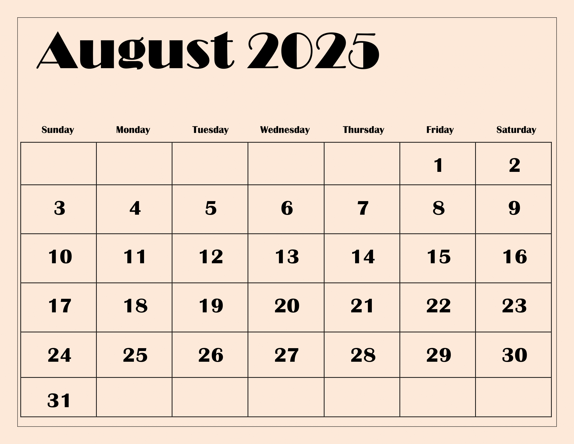 August 2025 Calendar Printable PDF Template With Holidays August 2025 Calendar Printable PDF Template With Holidays