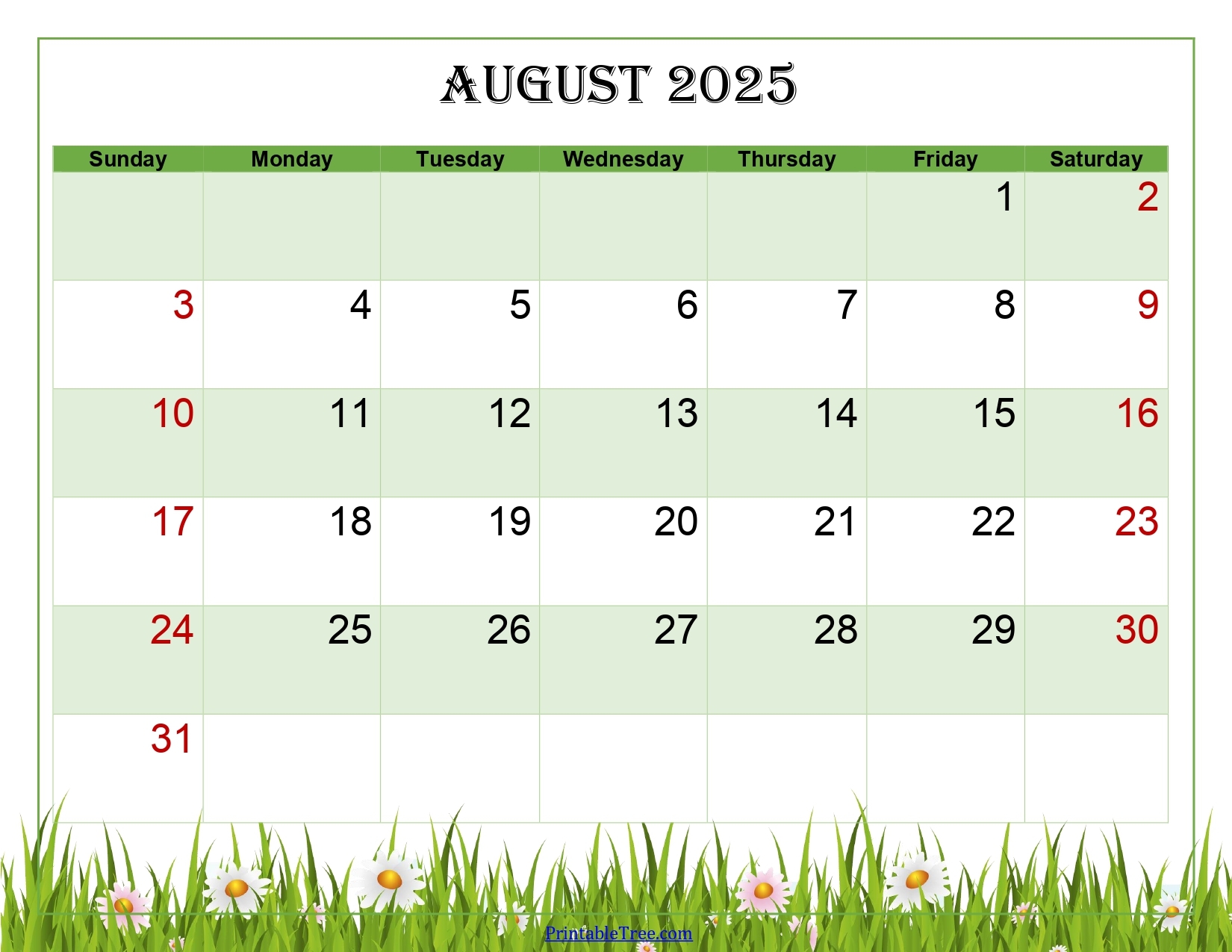 August 2025 Calendar Landscape