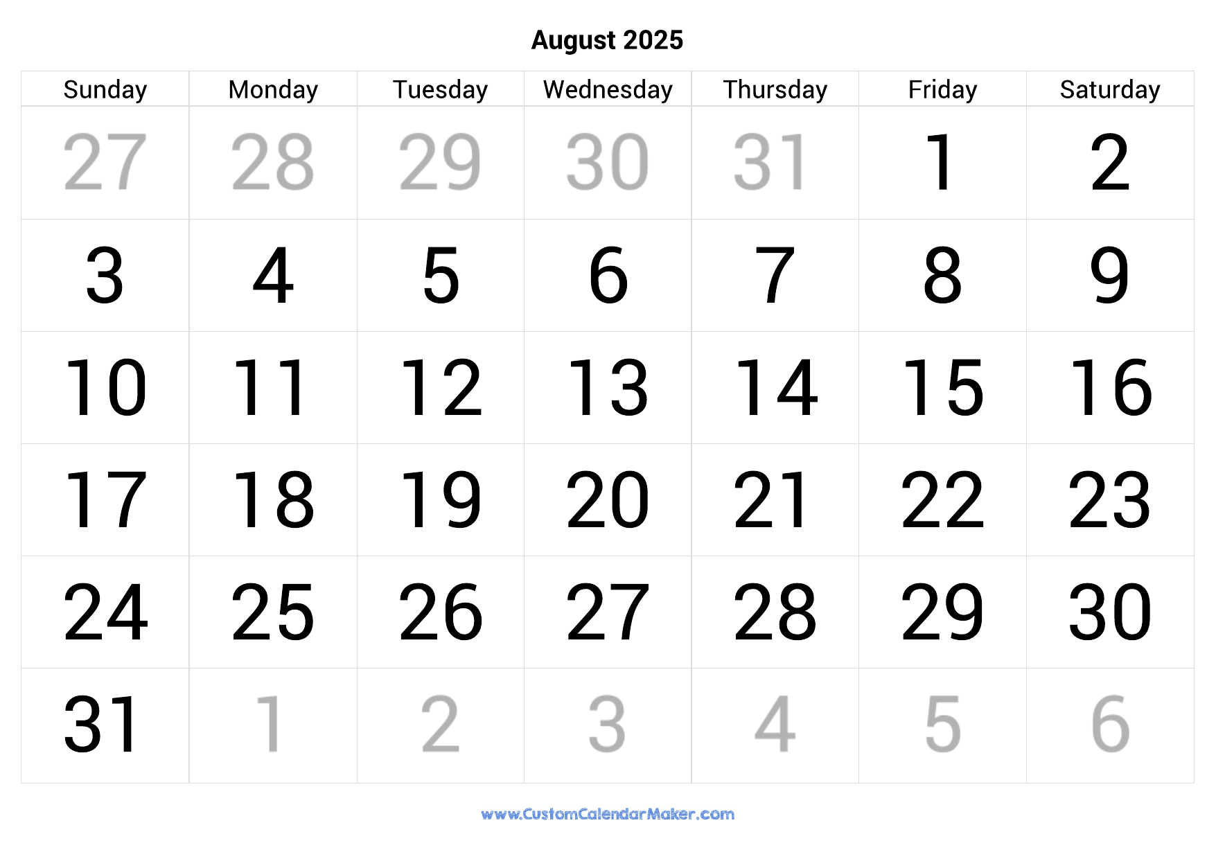 August 2025 Calendar Big Numbers