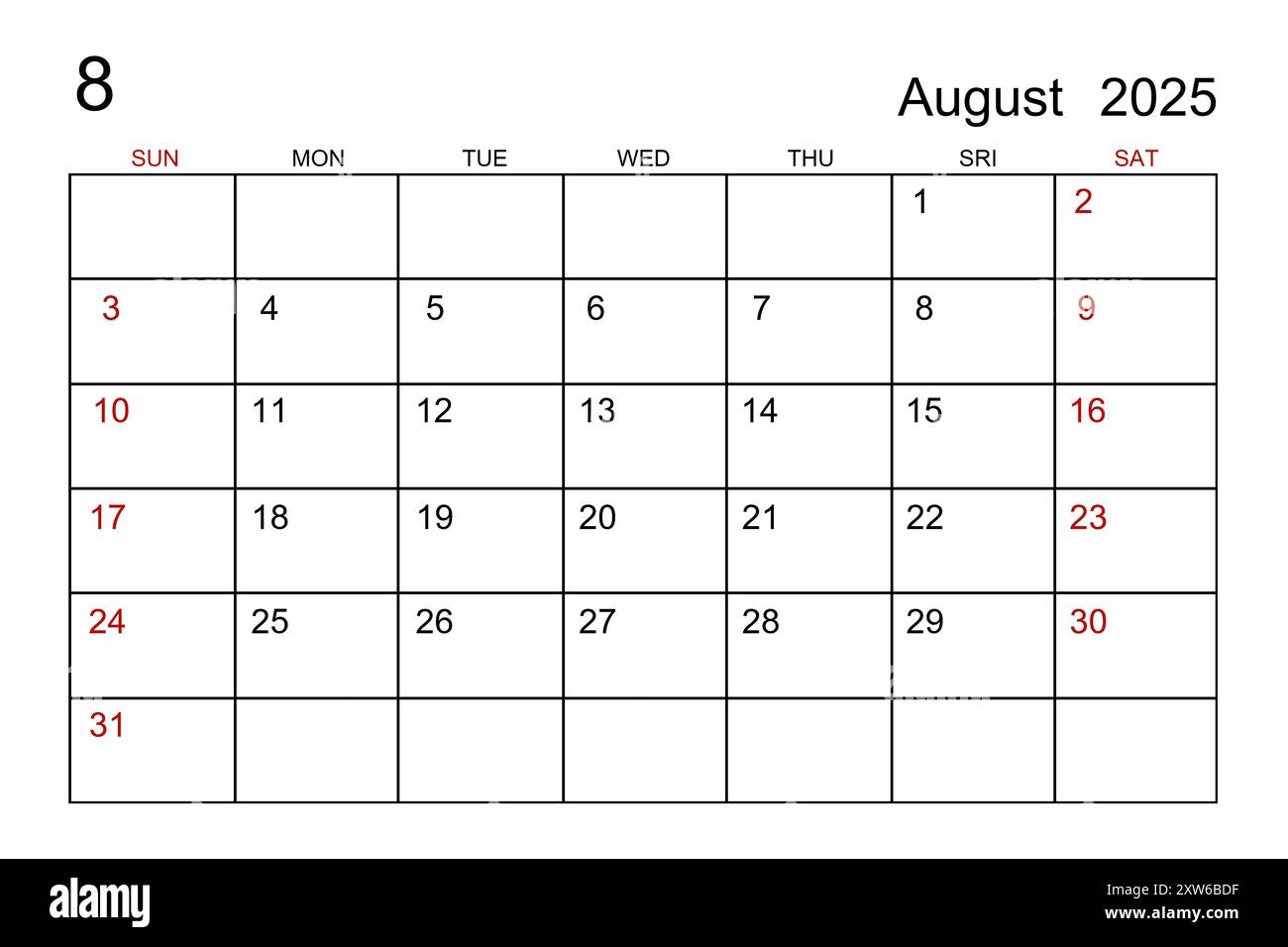 August 2025 Calendar Template On White Paper Background Stock  August 2025 Calendar Template On White Paper Background Stock