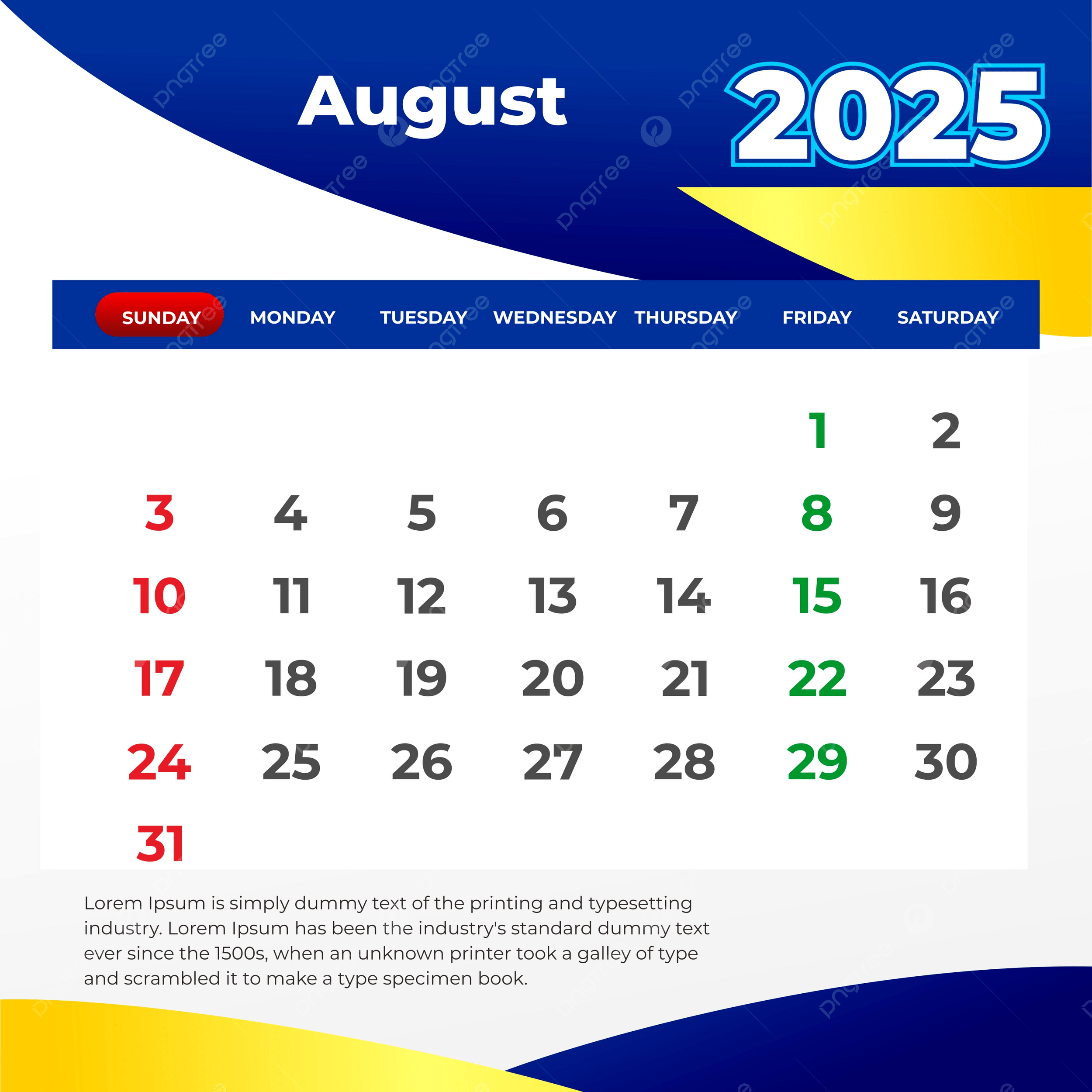 August 2025 Calendar Vector Template Download On Pngtree