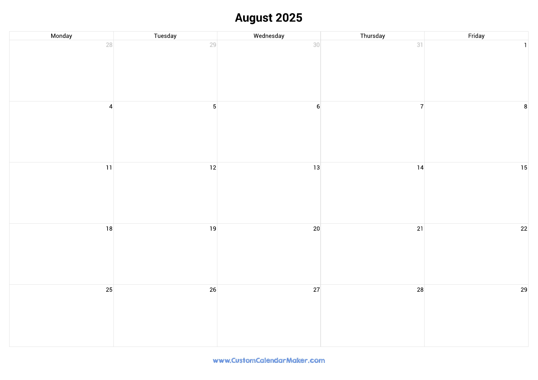 August 2025 Calendar Weekdays Only Monday To Friday Custom  August 2025 Calendar Weekdays Only Monday To Friday Custom