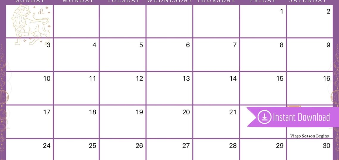 August 2025 Digital Calendar Purple Leo Astrology Planner