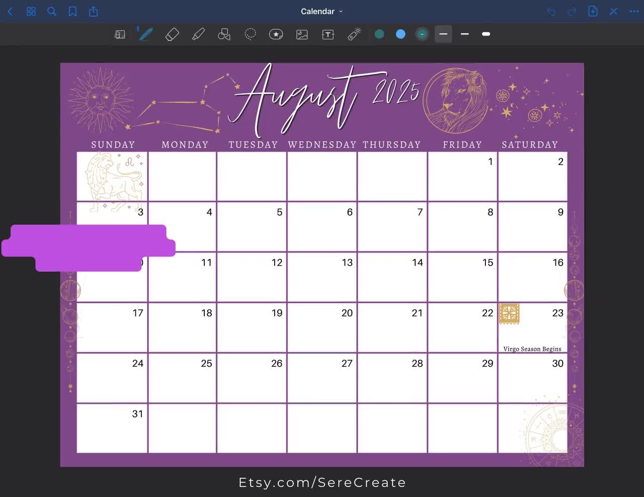 August 2025 Digital Calendar Purple Leo Astrology Planner Editable Fillable Printable Calendar For Planning PDF PNG And JPG Download