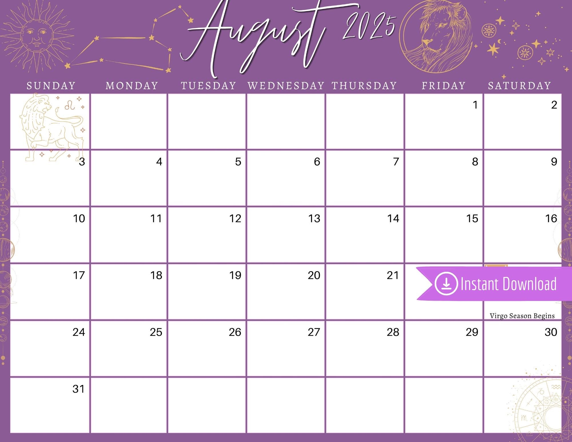 August 2025 Digital Calendar Purple Leo Astrology Planner 