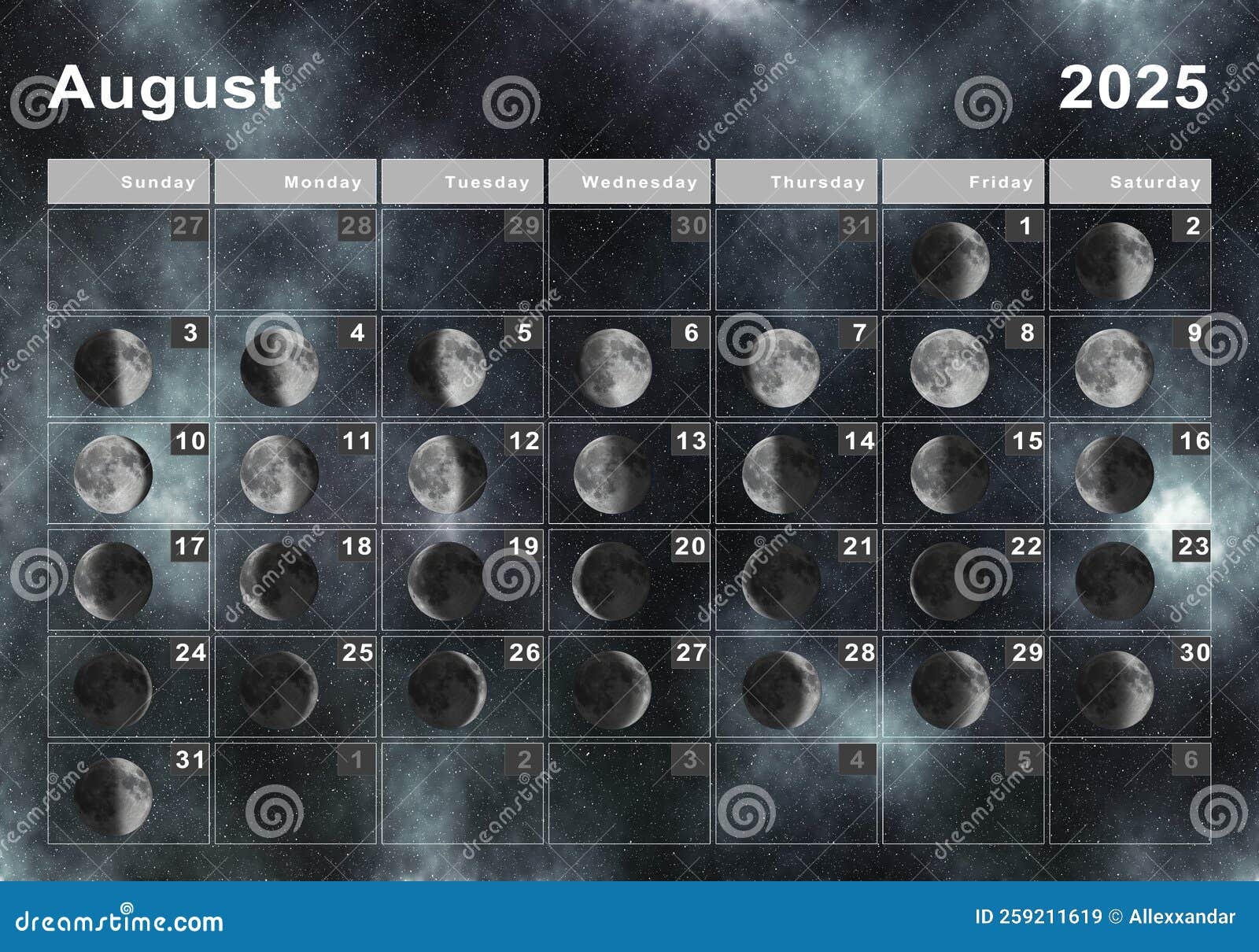 August 2025 Lunar Calendar Moon Cycles Stock Illustration  August 2025 Lunar Calendar Moon Cycles Stock Illustration