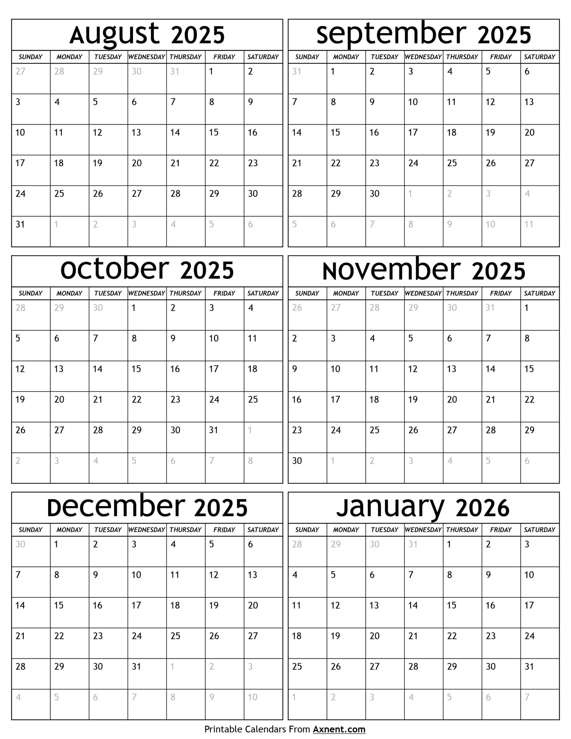 August 2025 To January 2026 Calendar Templates Six Months August 2025 To January 2026 Calendar Templates Six Months