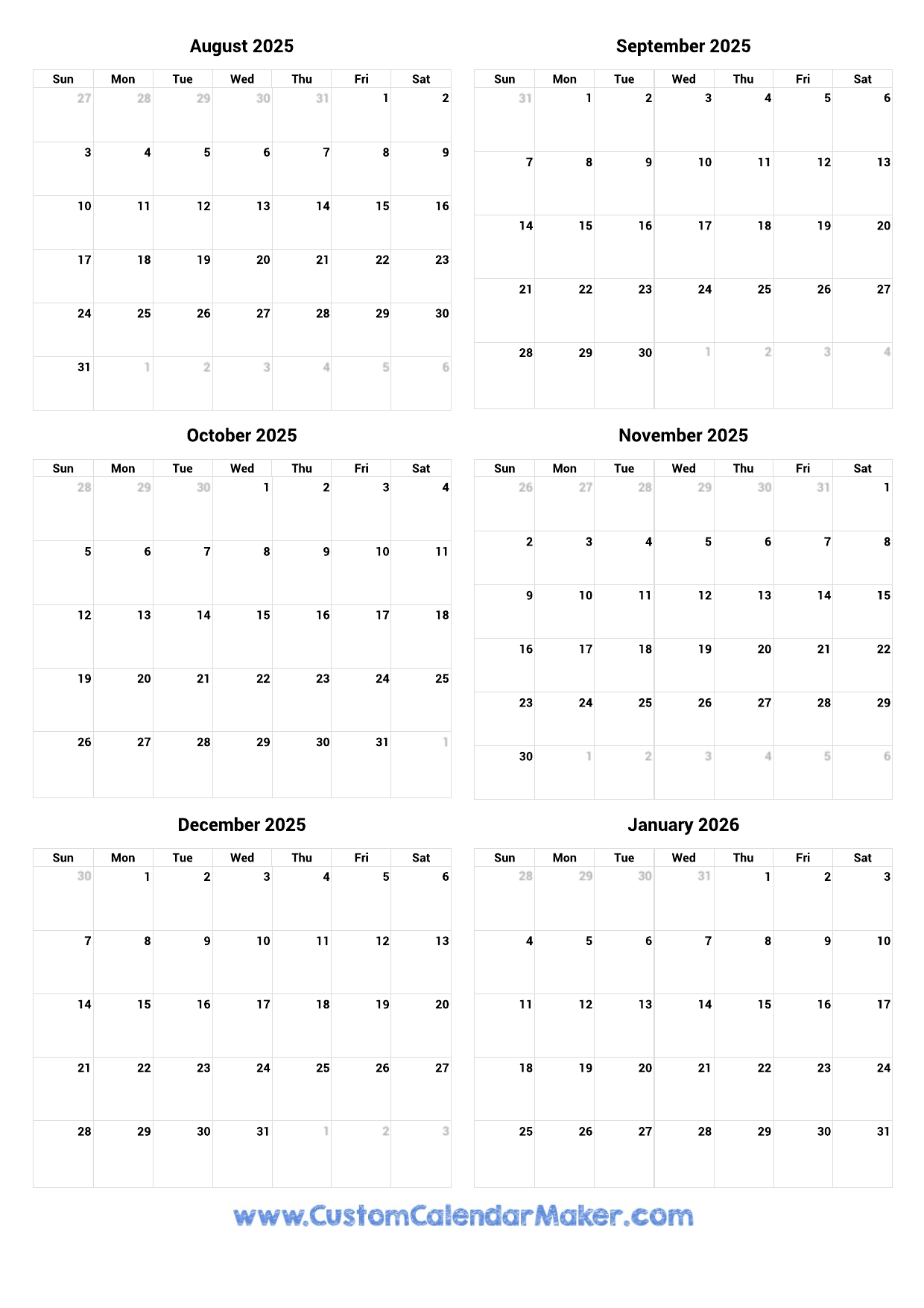 August 2025 To January 2026 Printable Calendar Custom Calendar Maker