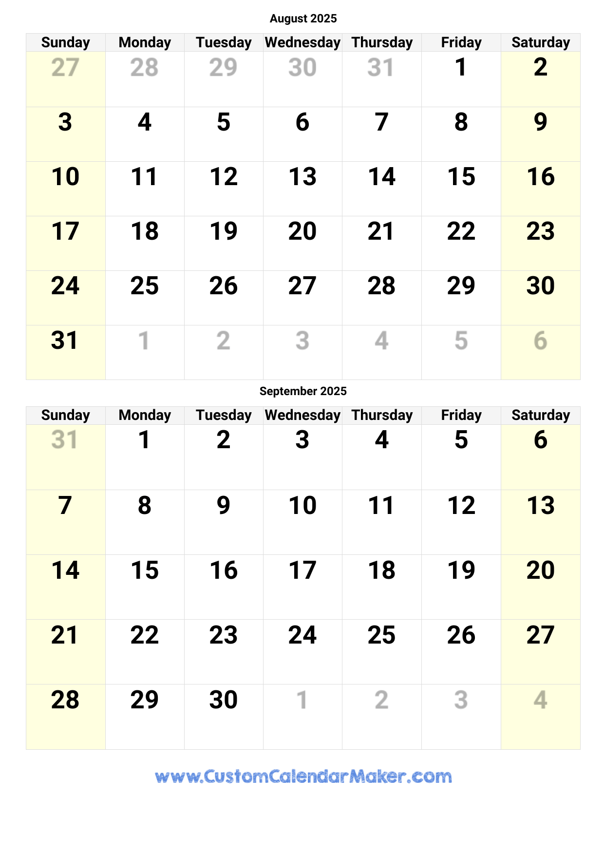 2025 Calendar August September October