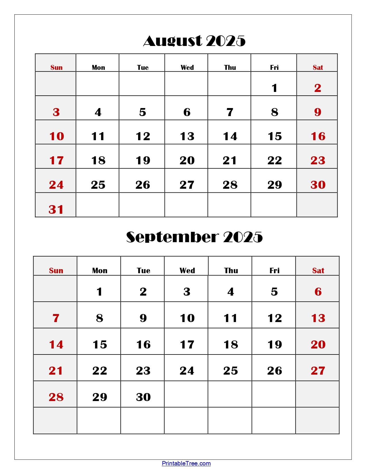 August And September 2025 Calendar Printable PDF Two Months Calendar