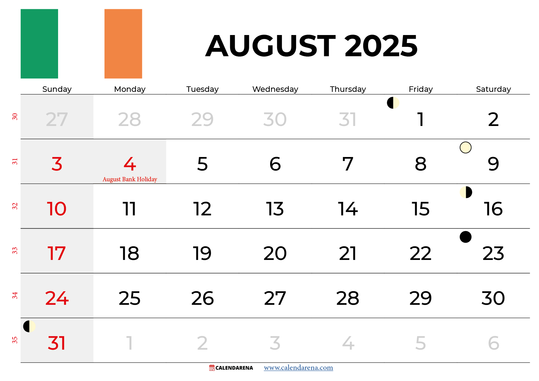 August Calendar 2025 Ireland With Holidays