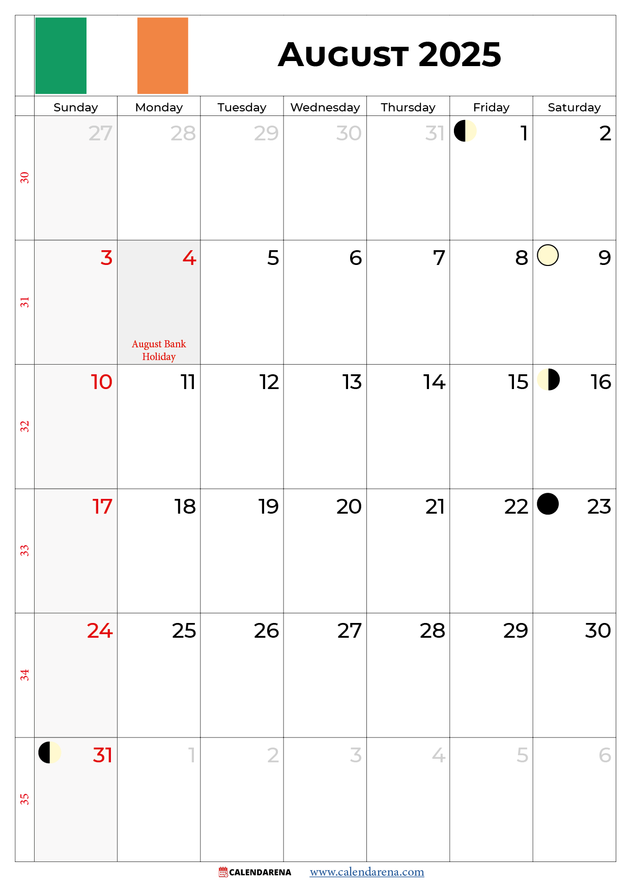 August Calendar 2025 Ireland With Holidays