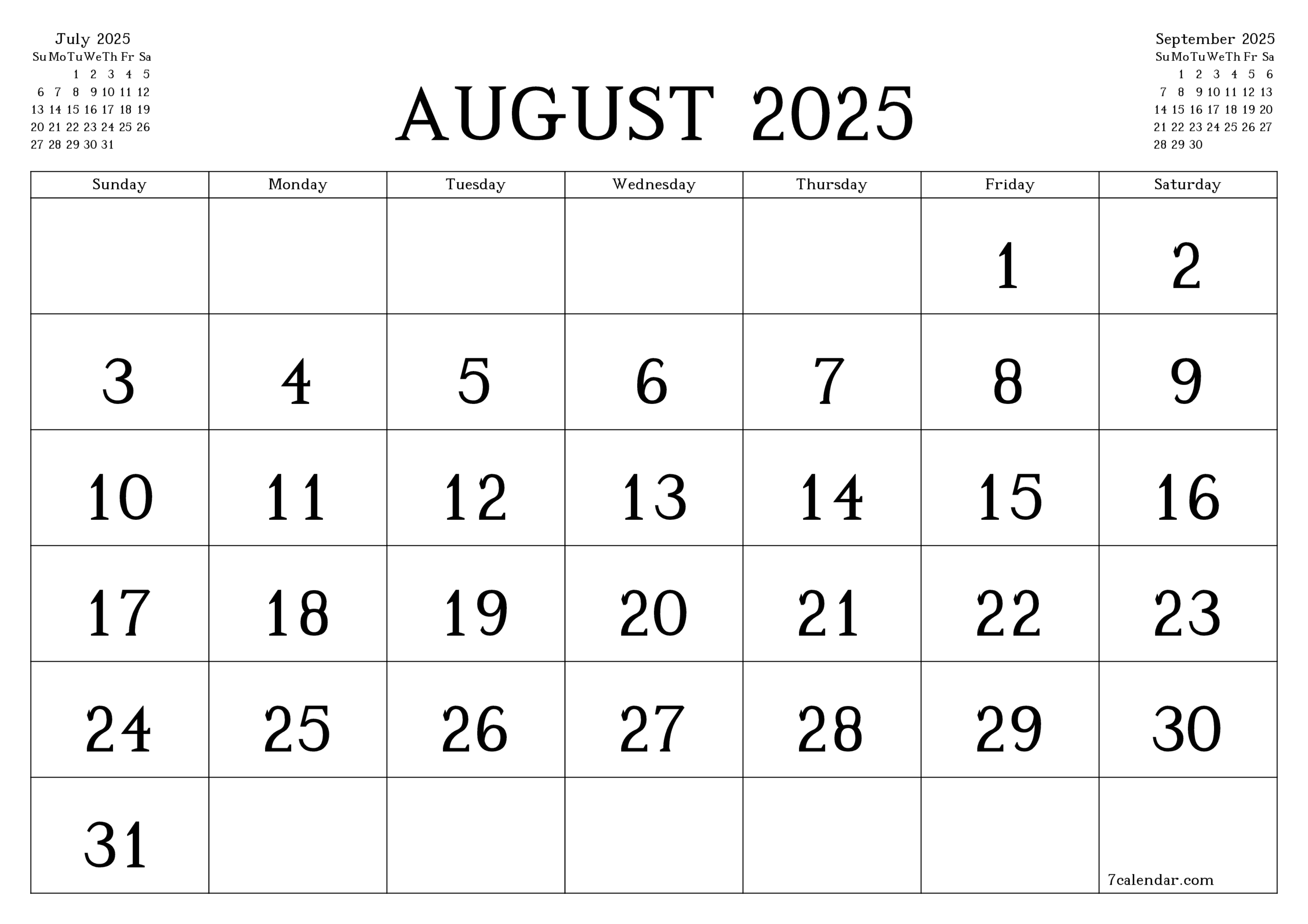 August Calendar 2025 Printable Template 7calendar August Calendar 2025 Printable Template 7calendar