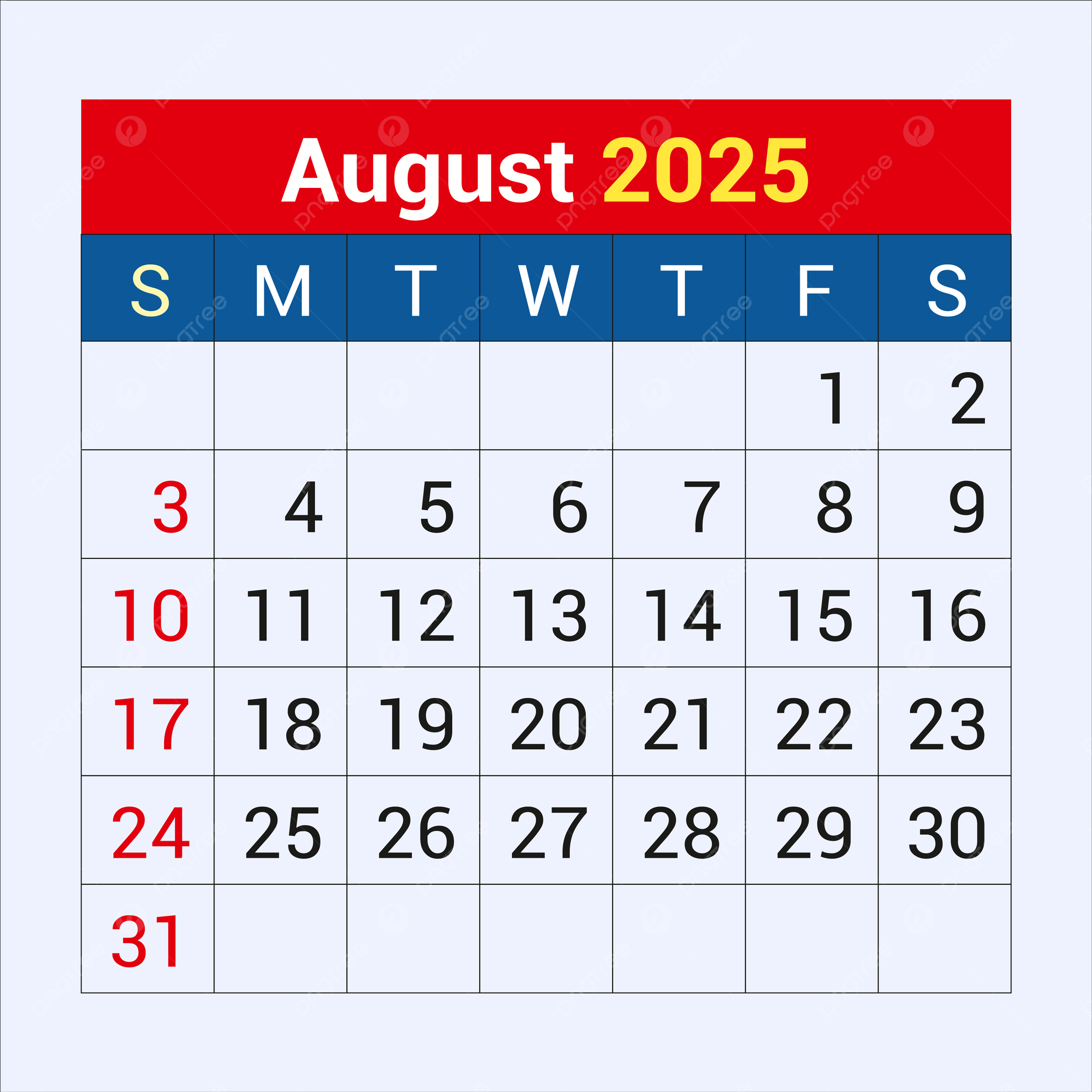 August Calendar 2025 Vector Template Download On Pngtree