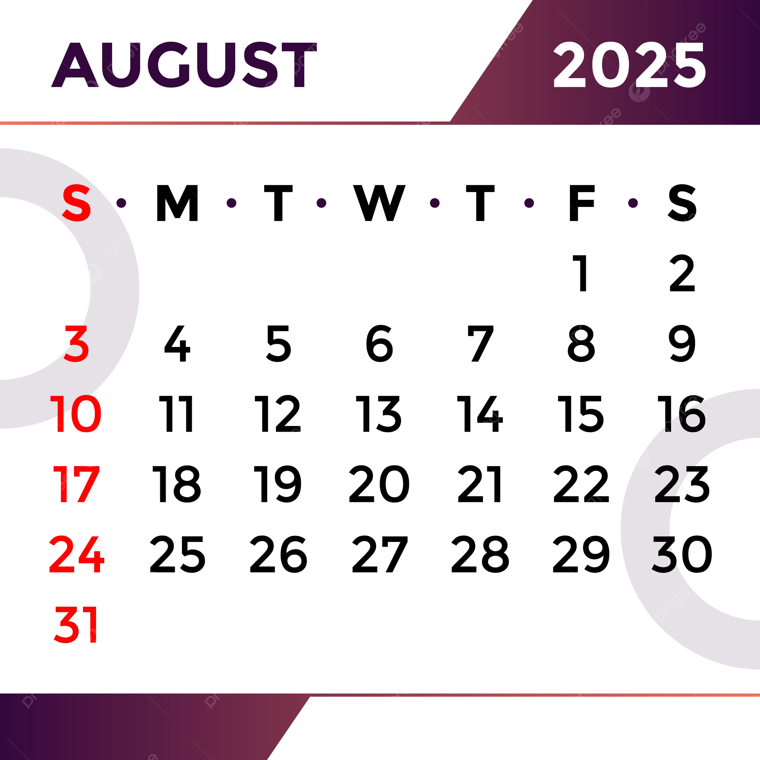 August Month Calendar 2025 Vector Template Download On Pngtree