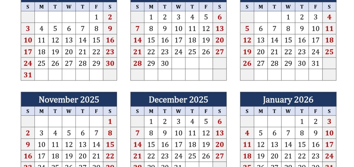 August To January 2026 Calendar Printable PDF Six Months Calendar