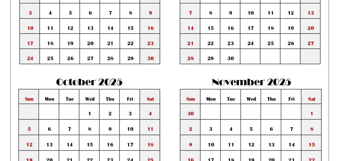 August To November 2025 Calendar Printable PDF Four Months Calendar