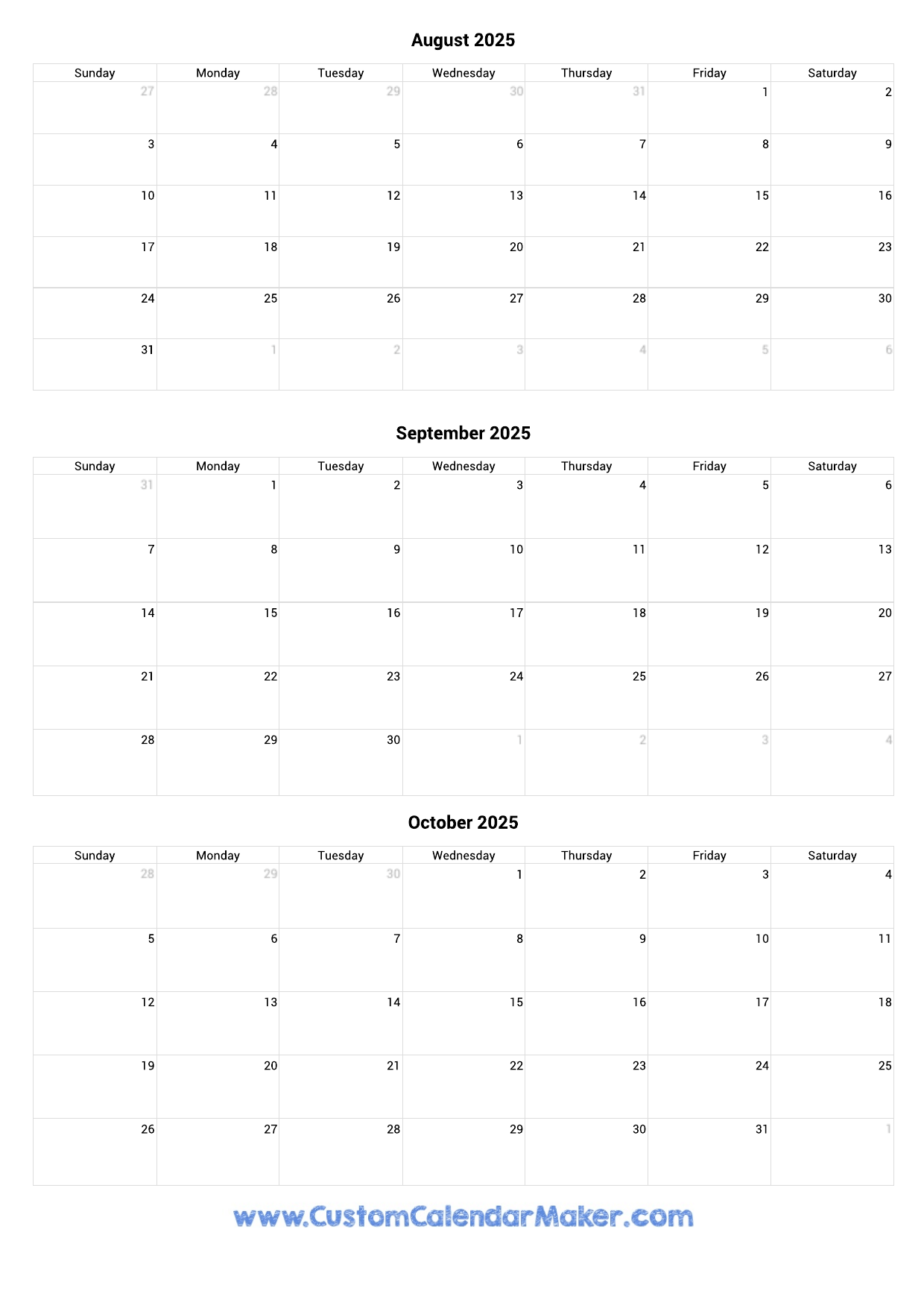 August And September And October 2025 Calendar