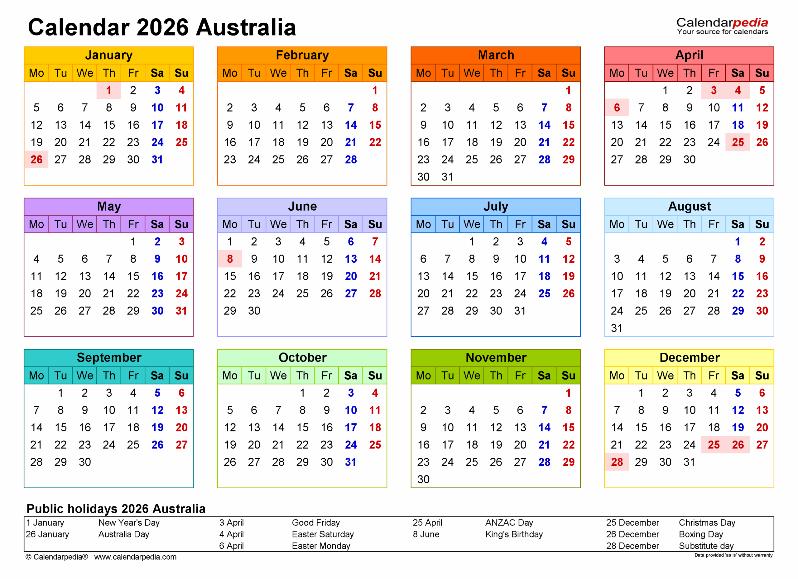 Australia Calendar 2026 Free Printable PDF Templates