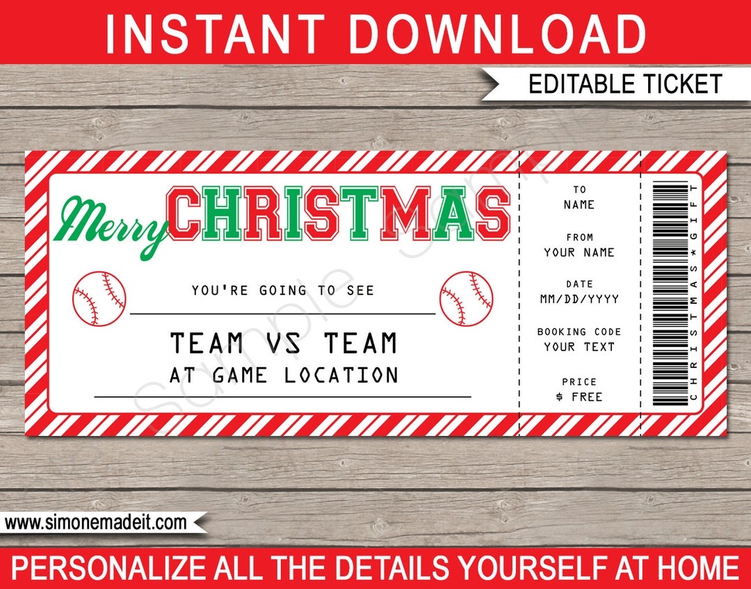 Baseball Game Ticket Template Printable Christmas Gift Voucher Certificate Surprise Ticket To A Game INSTANT DOWNLOAD EDITABLE Text Etsy