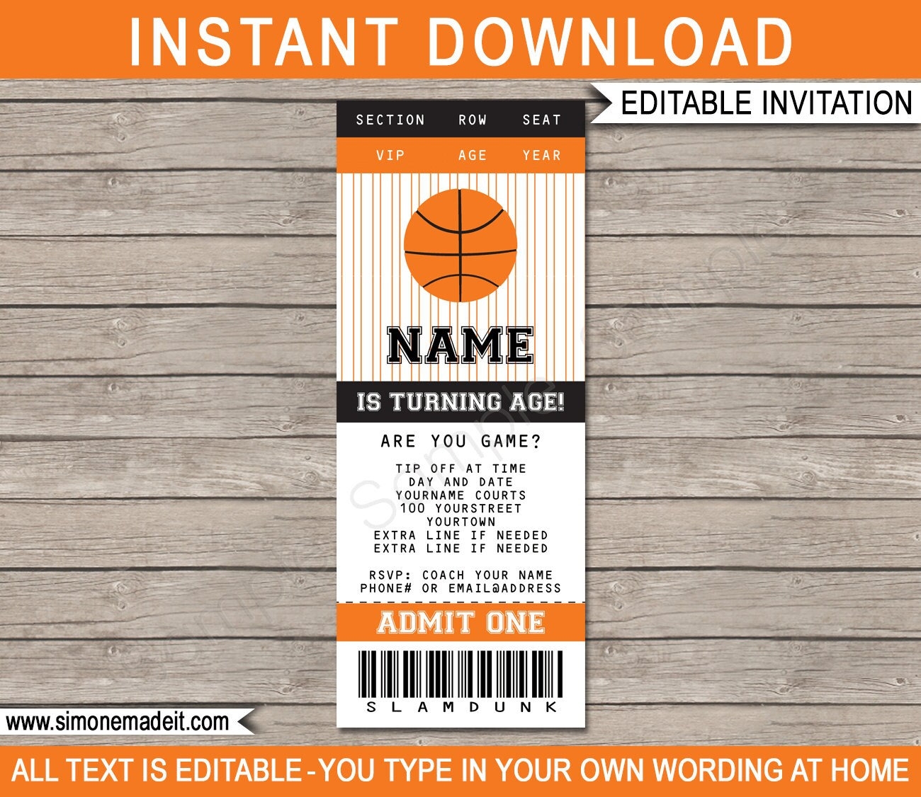 Basketball Ticket Invitation Template Birthday Party INSTANT DOWNLOAD With EDITABLE Text You Personalize At Home Etsy