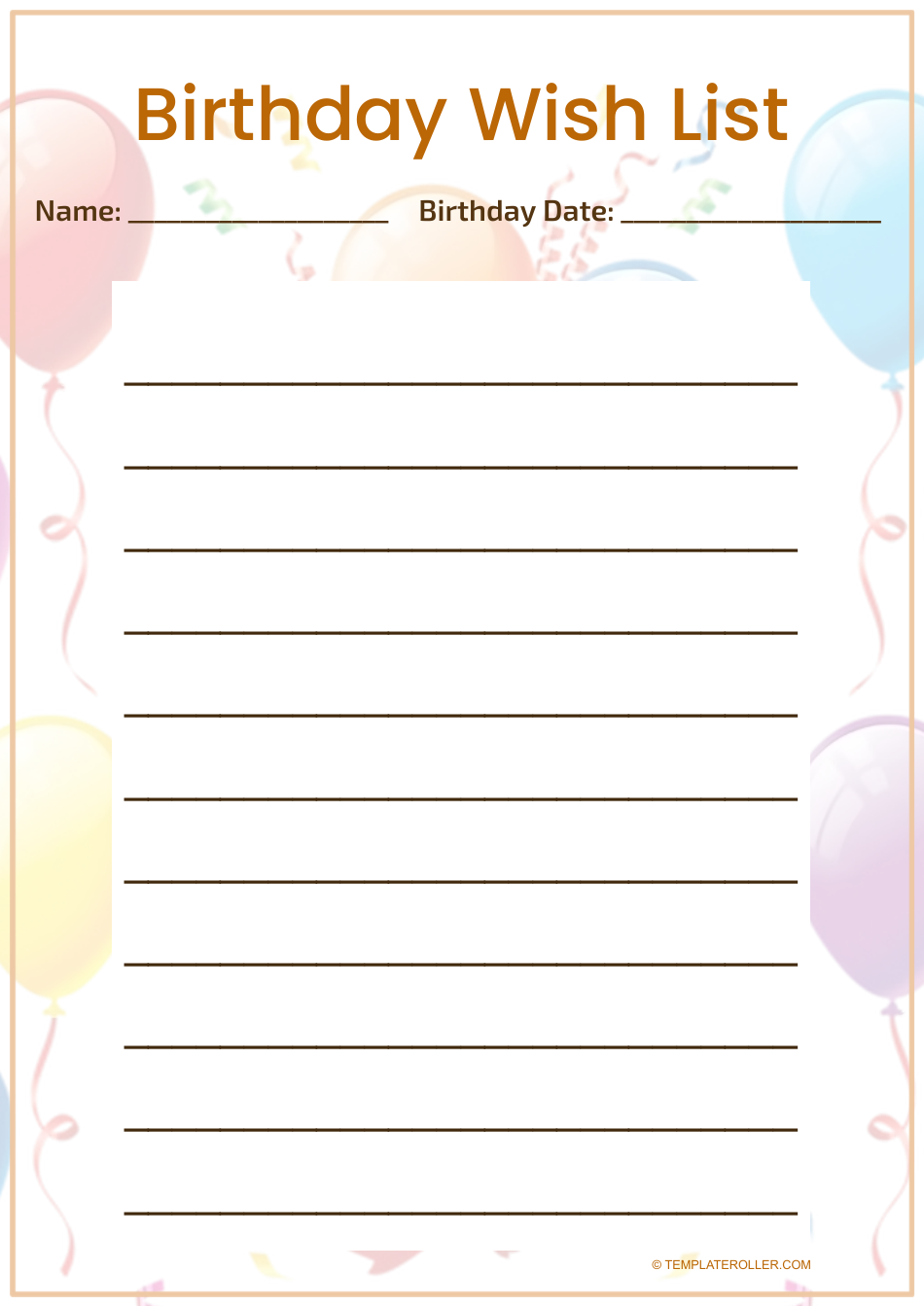 Birthday Wish List Template Orange Download Printable PDF Templateroller