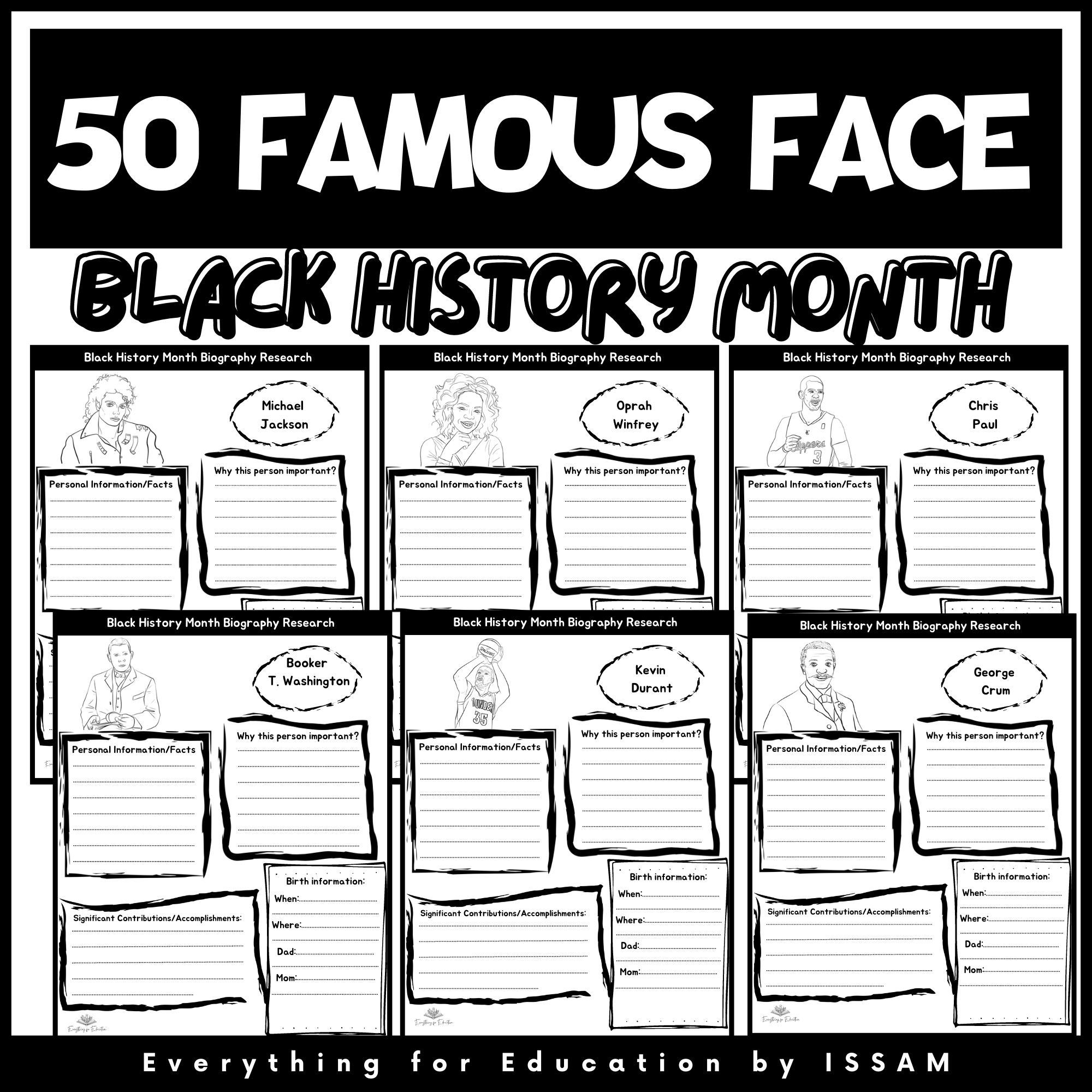 Black History Month Biography 50 Famous Face Research Template  Black History Month Biography 50 Famous Face Research Template