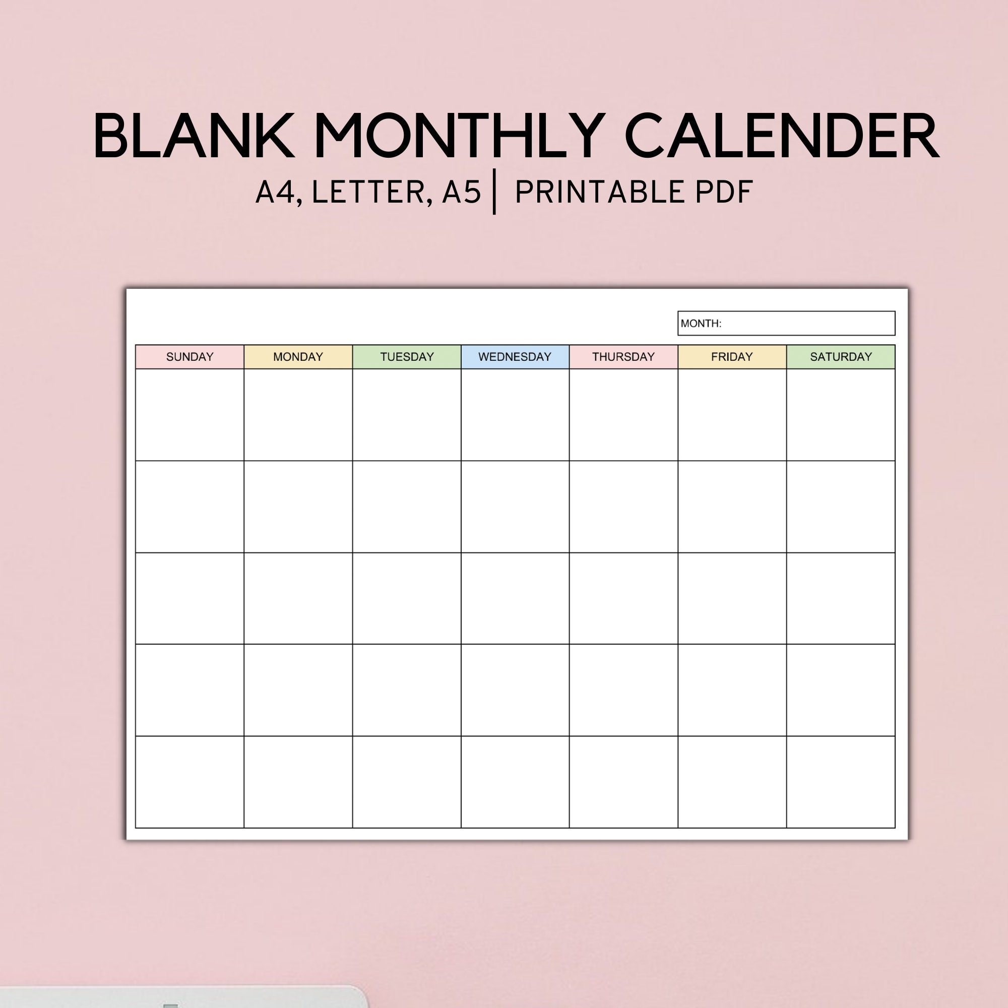 Blank Monthly Calendar Landscape Printable Minimalist Calendar Template A4 LETTER A5 Etsy