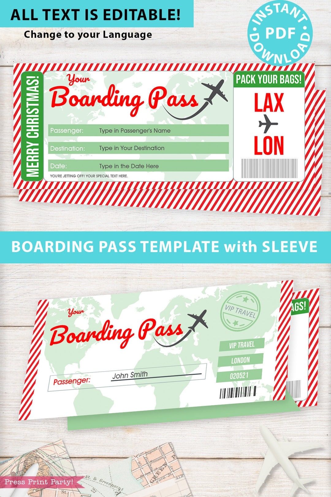 Boarding Pass Template W Holder Editable Text Printable Christmas Gift Surprise Trip Voucher Airline Ticket Green Red INSTANT DOWNLOAD Etsy
