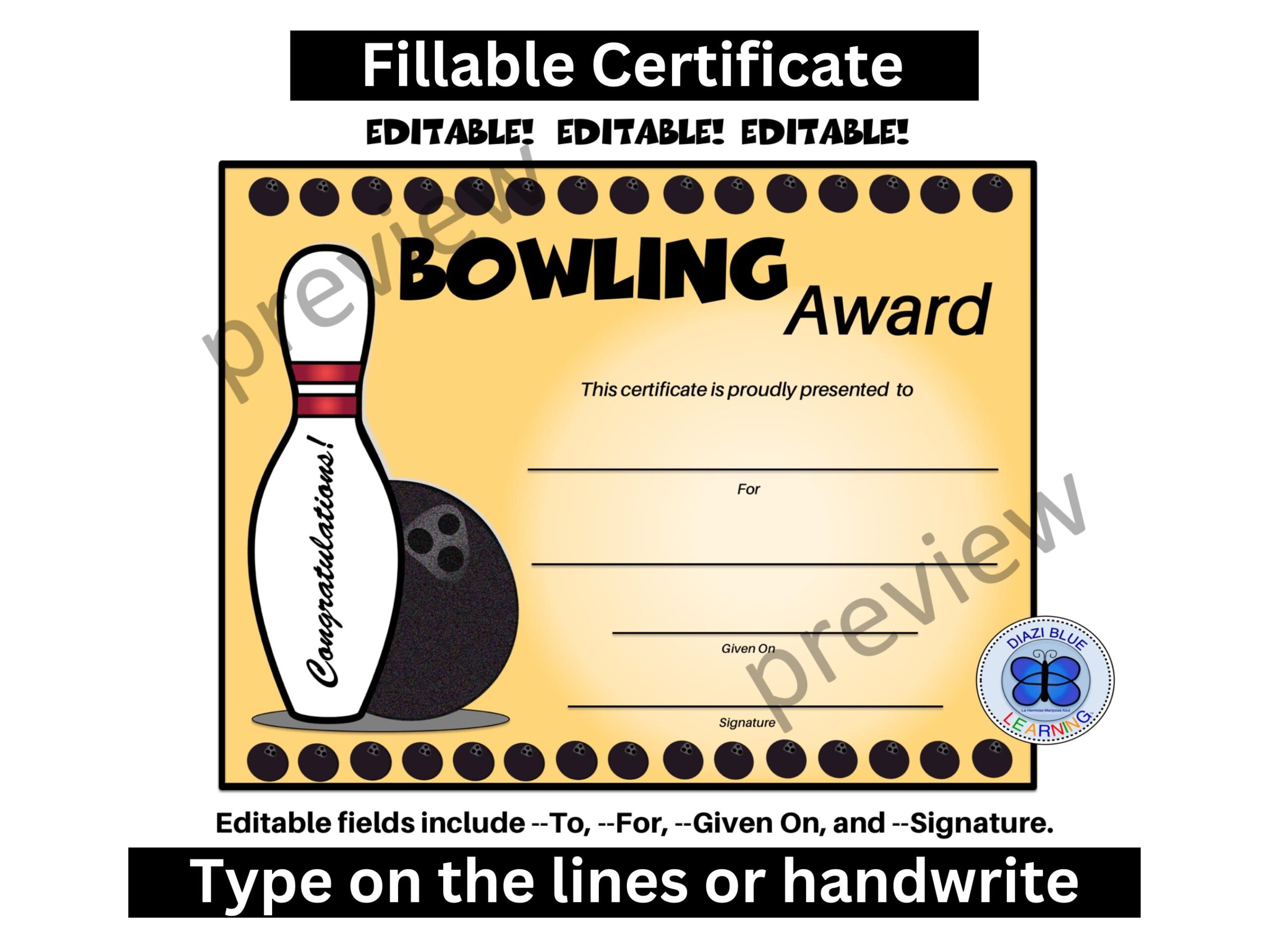 Bowling Certificate Bowling Award Editable Bowling Certificate Editable Certificates Templates