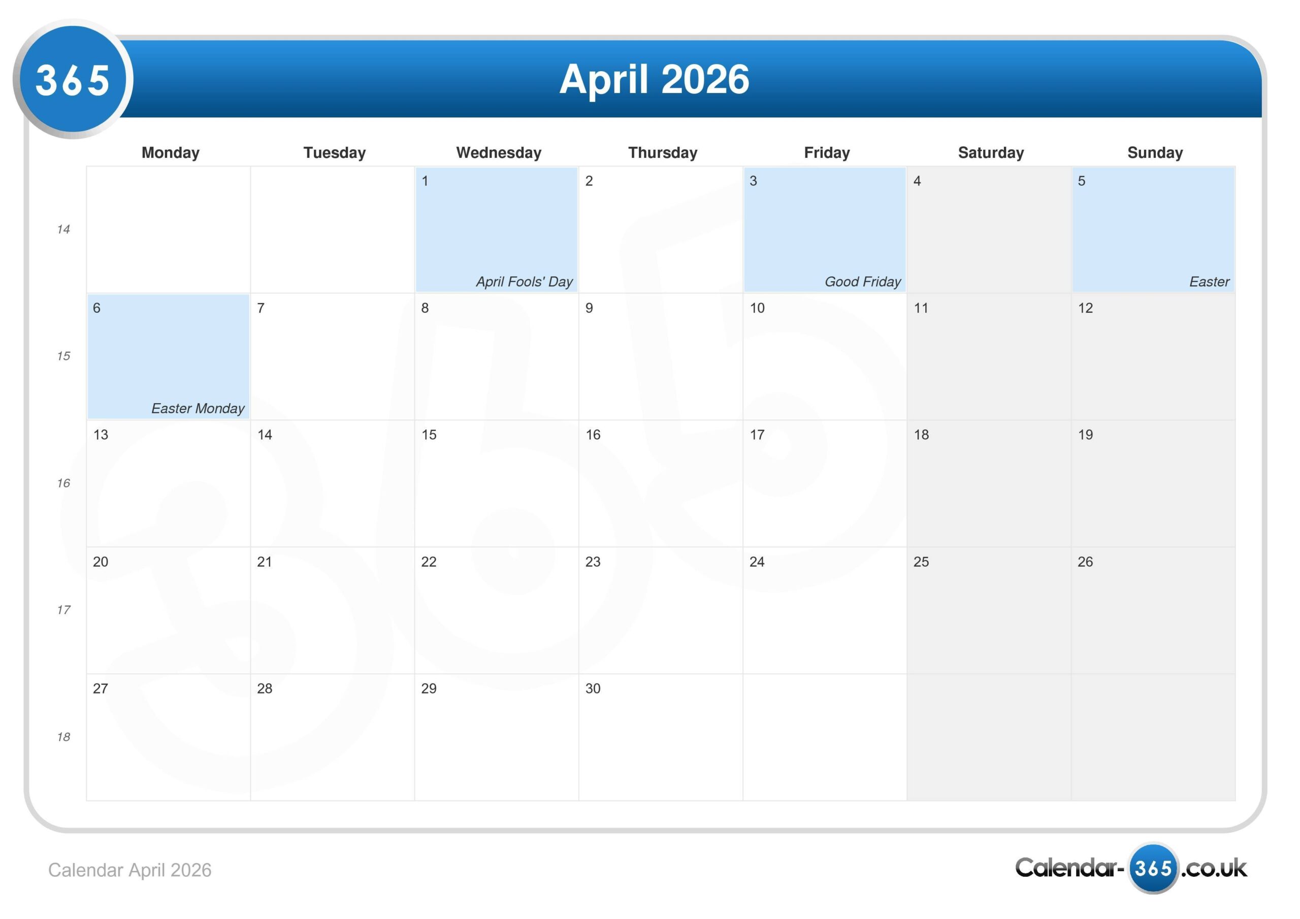 Calendar April 2026 Calendar April 2026