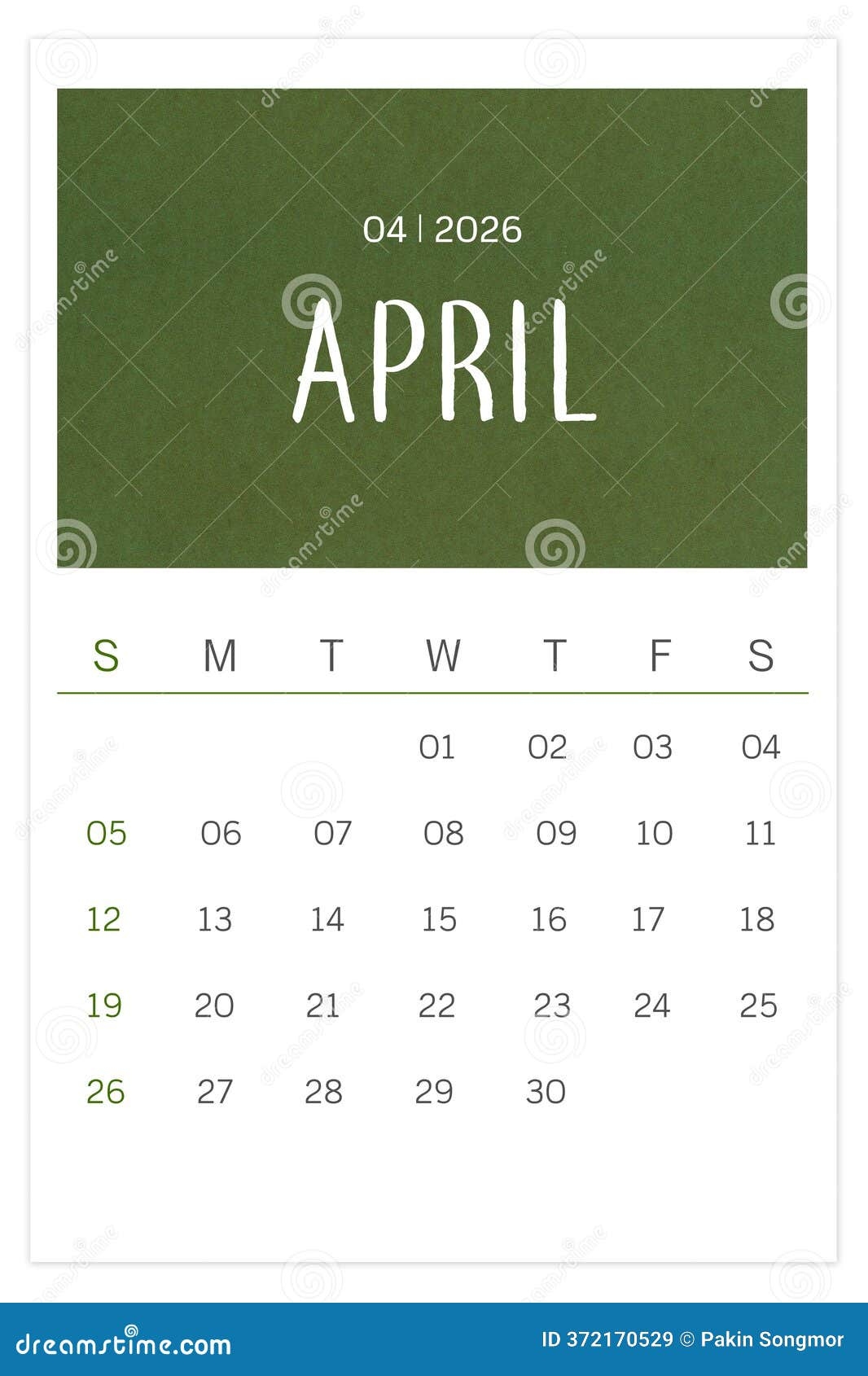 Calendar April 2026 Flat Style Isolated On White Background Stock Image Image Of Advertisement Print 372170529