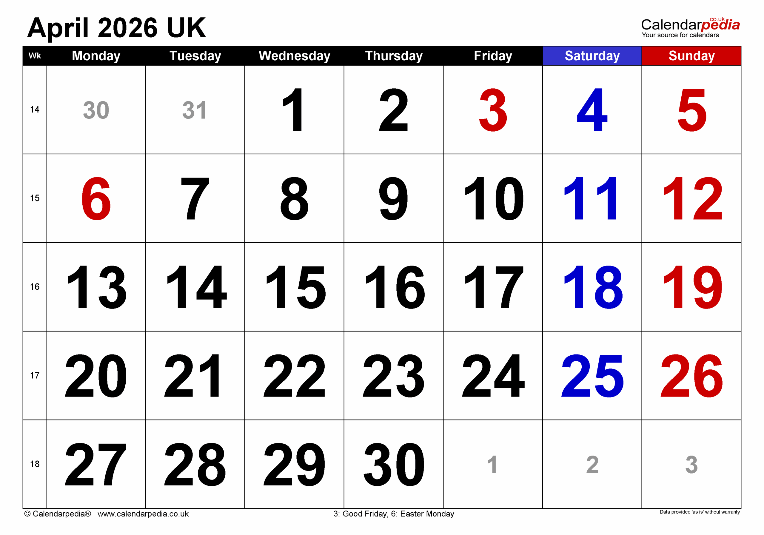 April Calendar 2026 Excel April Calendar 2026 Excel