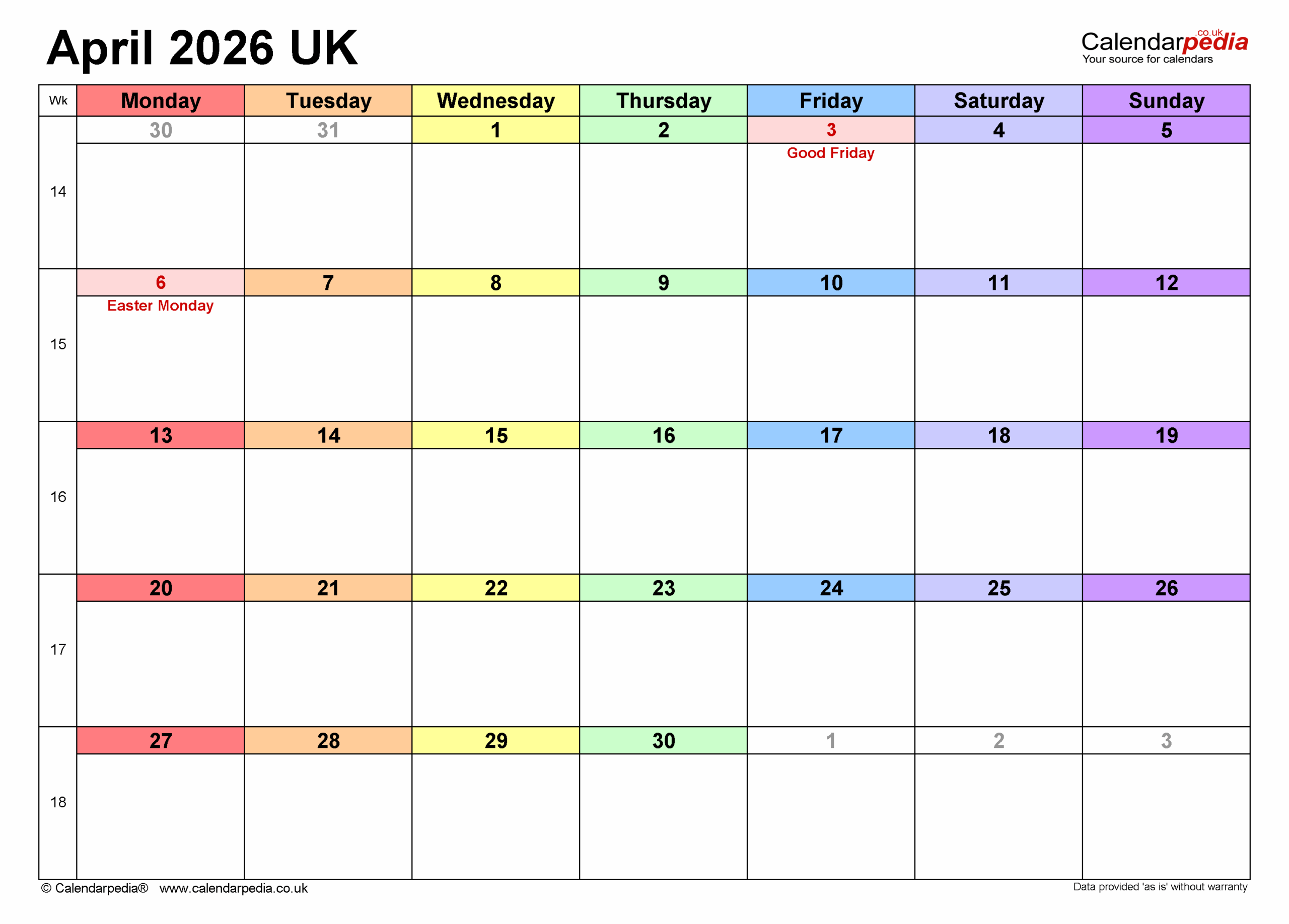 Calendar April 2026 UK With PDF Excel And Word Templates