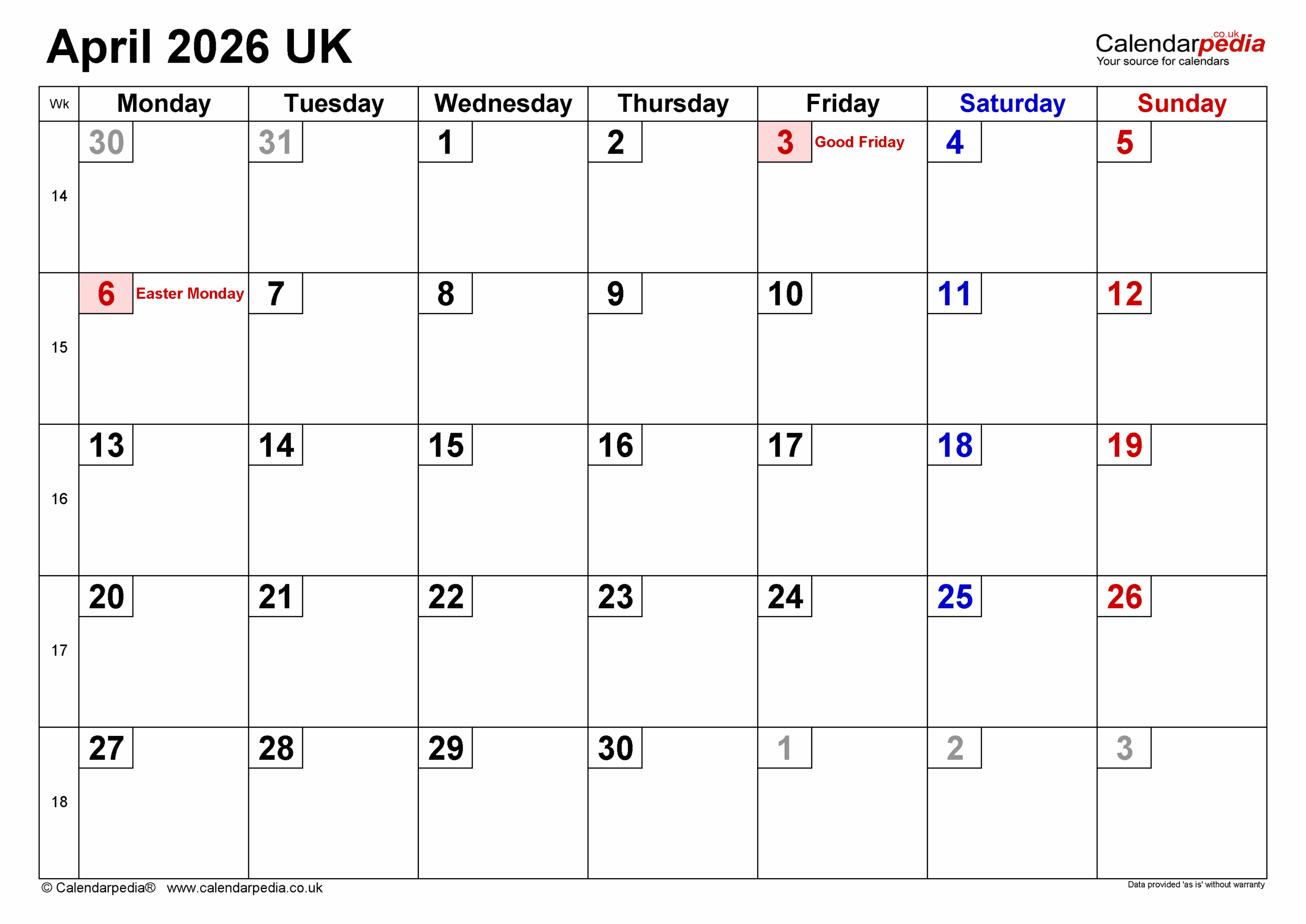 April 2026 Calendar Horizontal