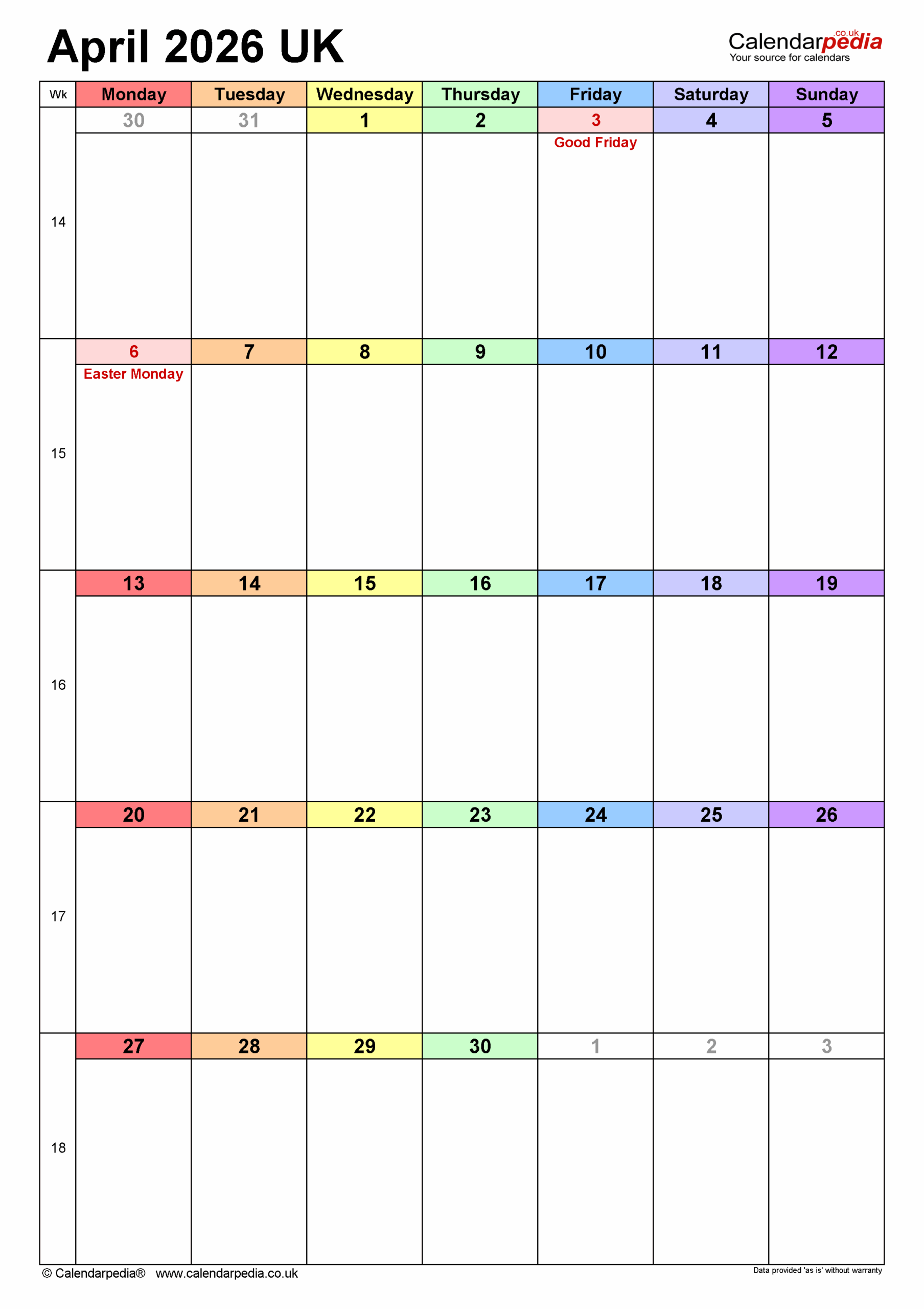 Calendar April 2026 UK With PDF Excel And Word Templates