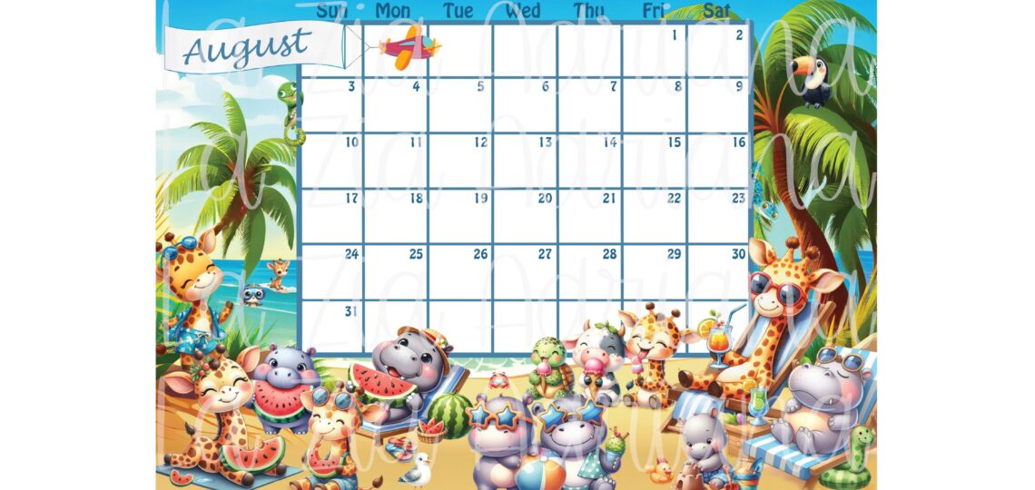 Calendar August 2025 Editable And Printable Cute Summer Giraffe And Hippo English And Italian August 2025 Calendar Etsy