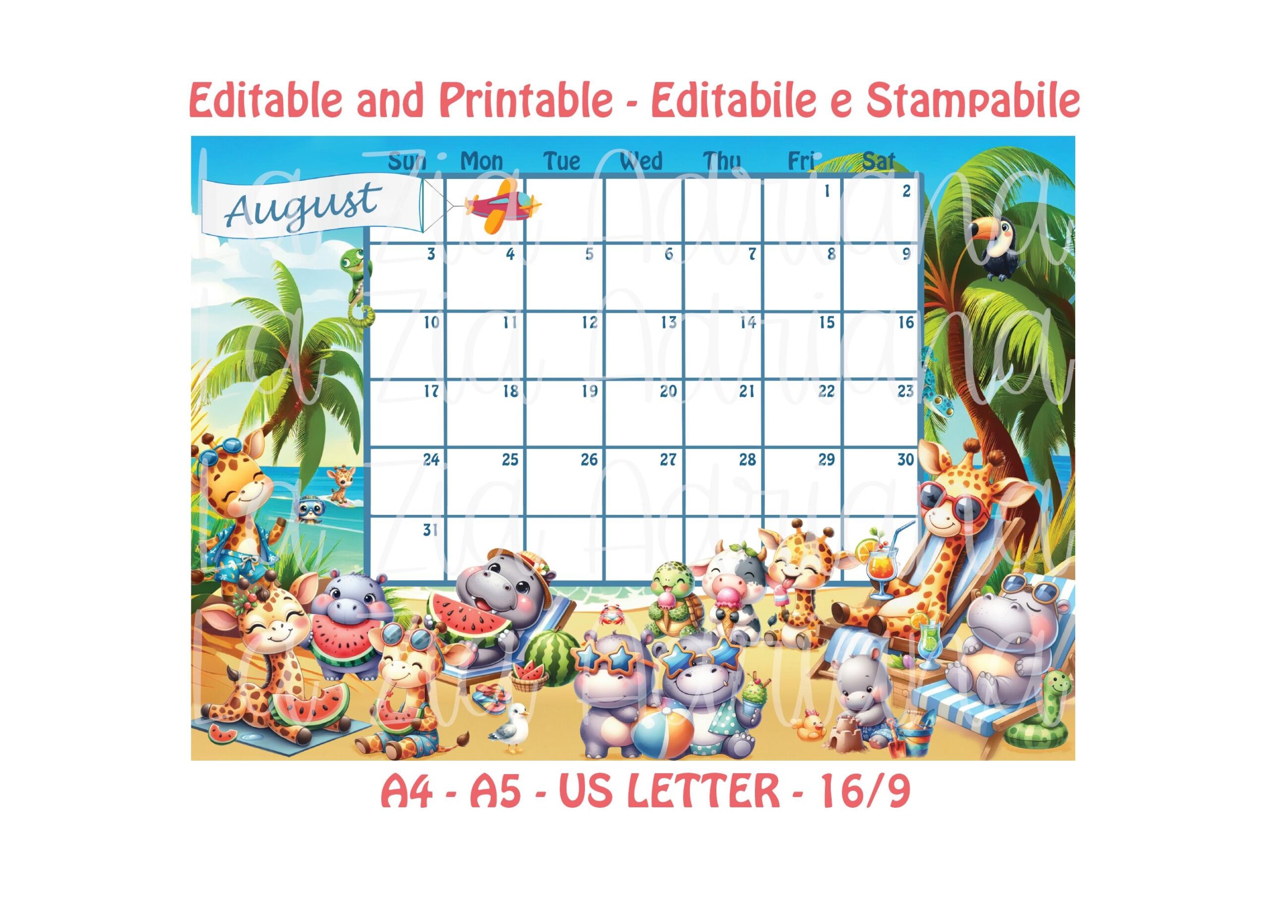 Calendar August 2025 Editable And Printable Cute Summer Giraffe And Hippo English And Italian August 2025 Calendar Etsy