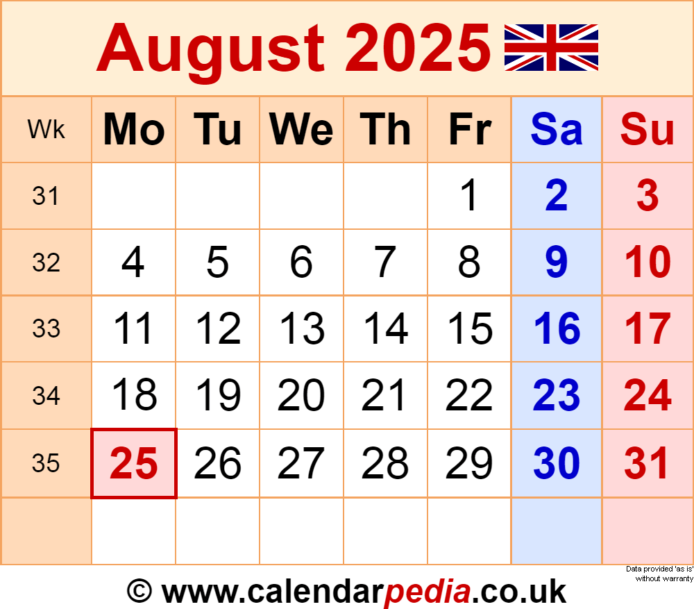 Calendar August 2025 UK With PDF Excel And Word Templates