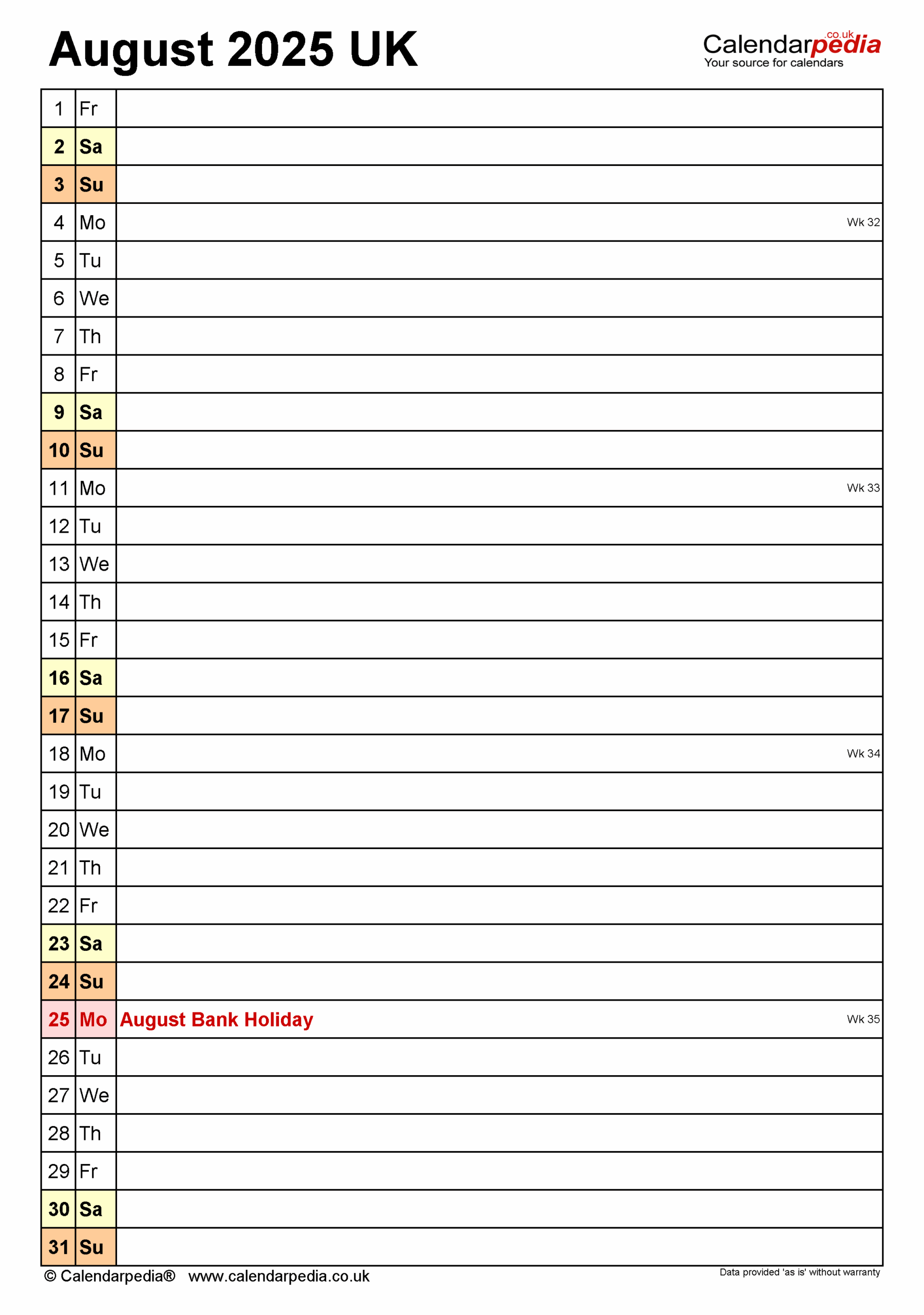 Calendar August 2025 UK With PDF Excel And Word Templates
