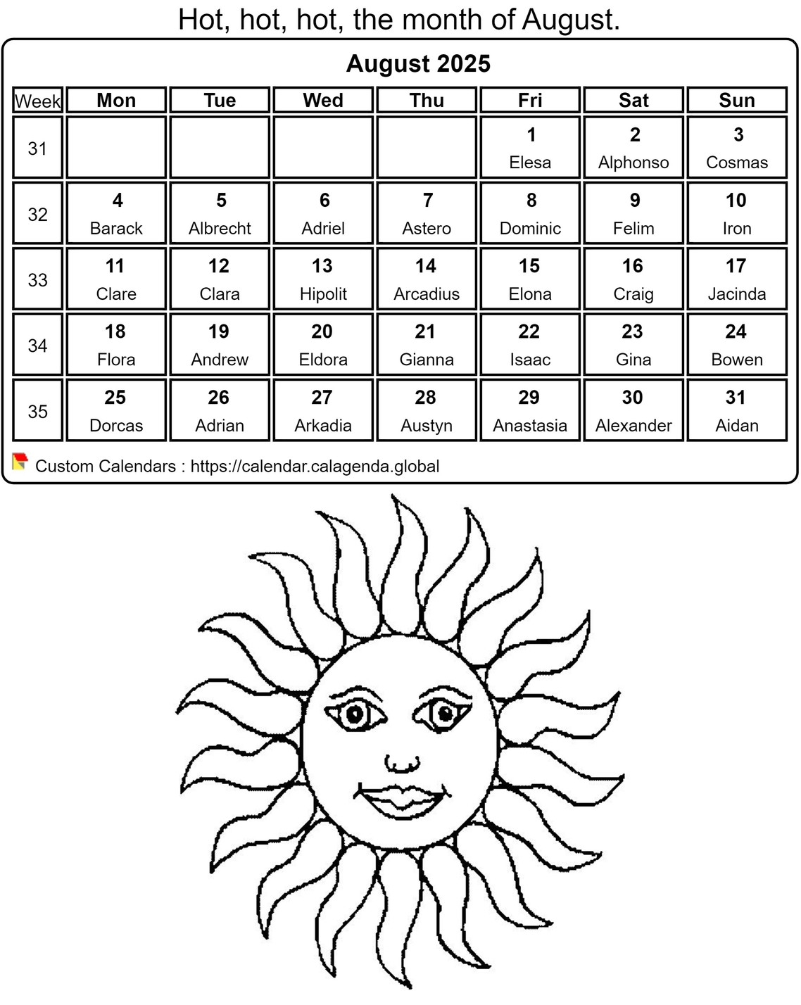 Calendar Coloring August 2025 Calendar Coloring August 2025