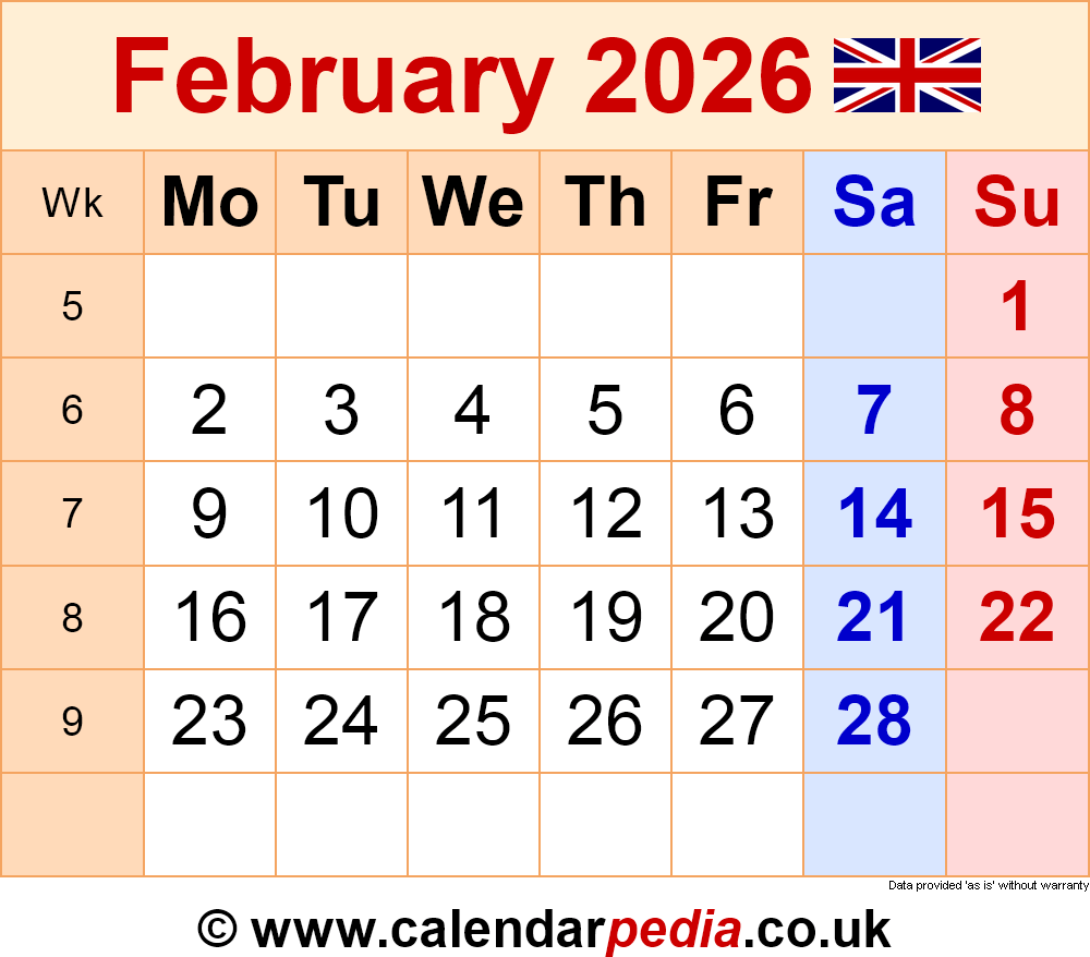 Calendar February 2026 UK With PDF Excel And Word Templates Calendar February 2026 UK With PDF Excel And Word Templates