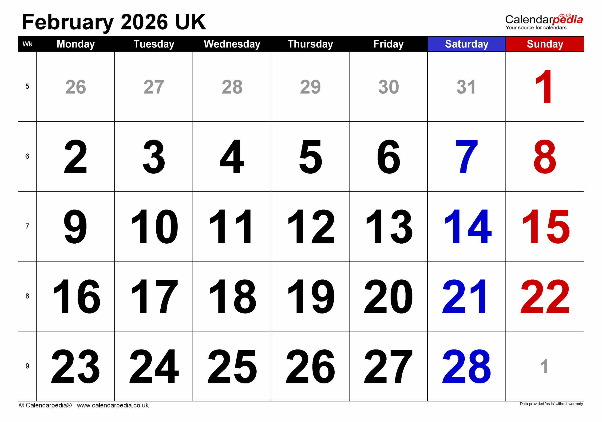 Calendar February 2026 UK With PDF Excel And Word Templates