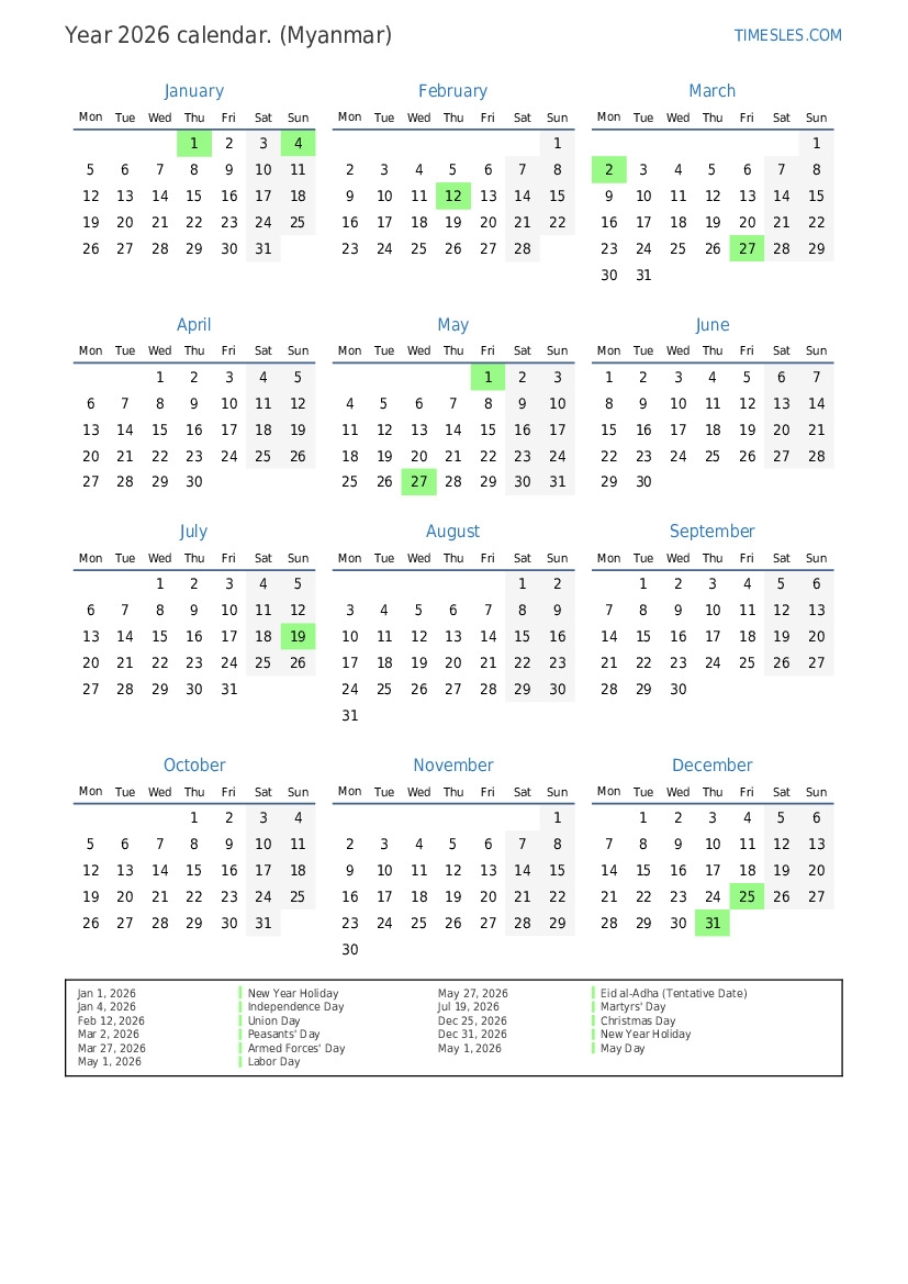 Calendar For 2026 With Holidays In Myanmar Print And Download Calendar For 2026 With Holidays In Myanmar Print And Download